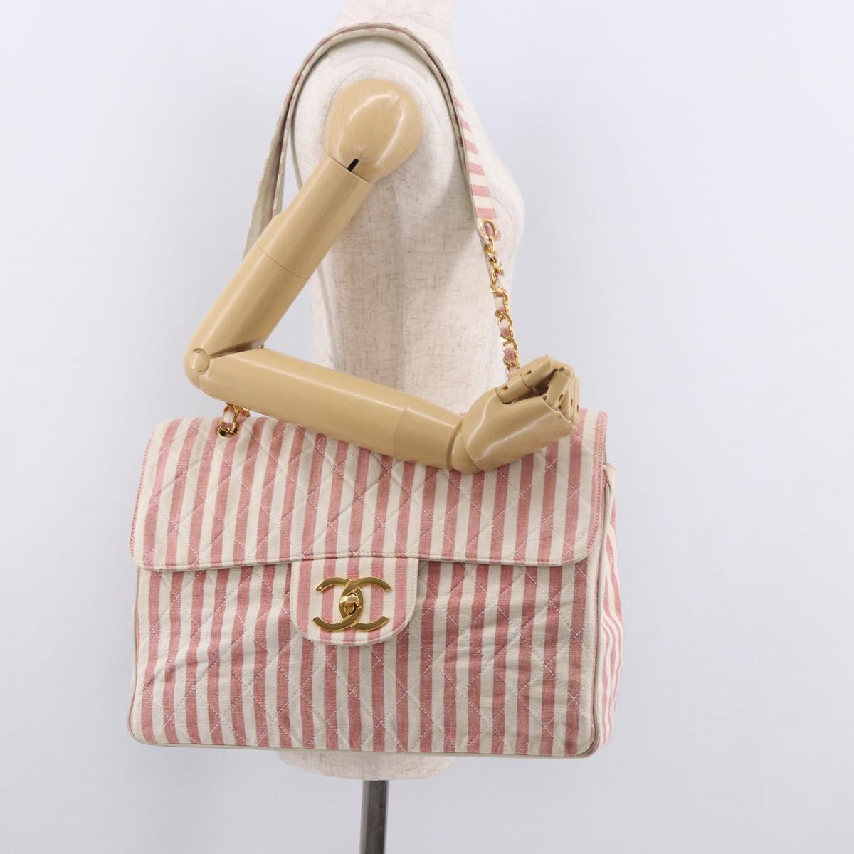 CHANEL Big Matelasse Chain Shoulder Bag Canvas Pink Gold CC Auth 185745SAV