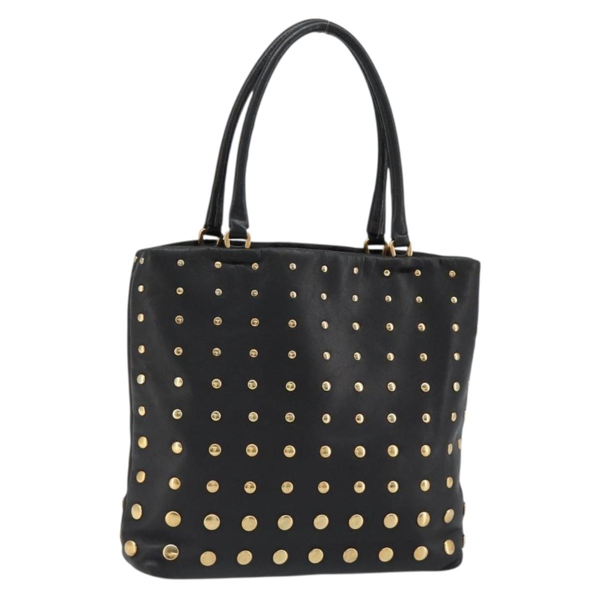 PRADA Hand Bag Leather Black Gold Auth 185746A