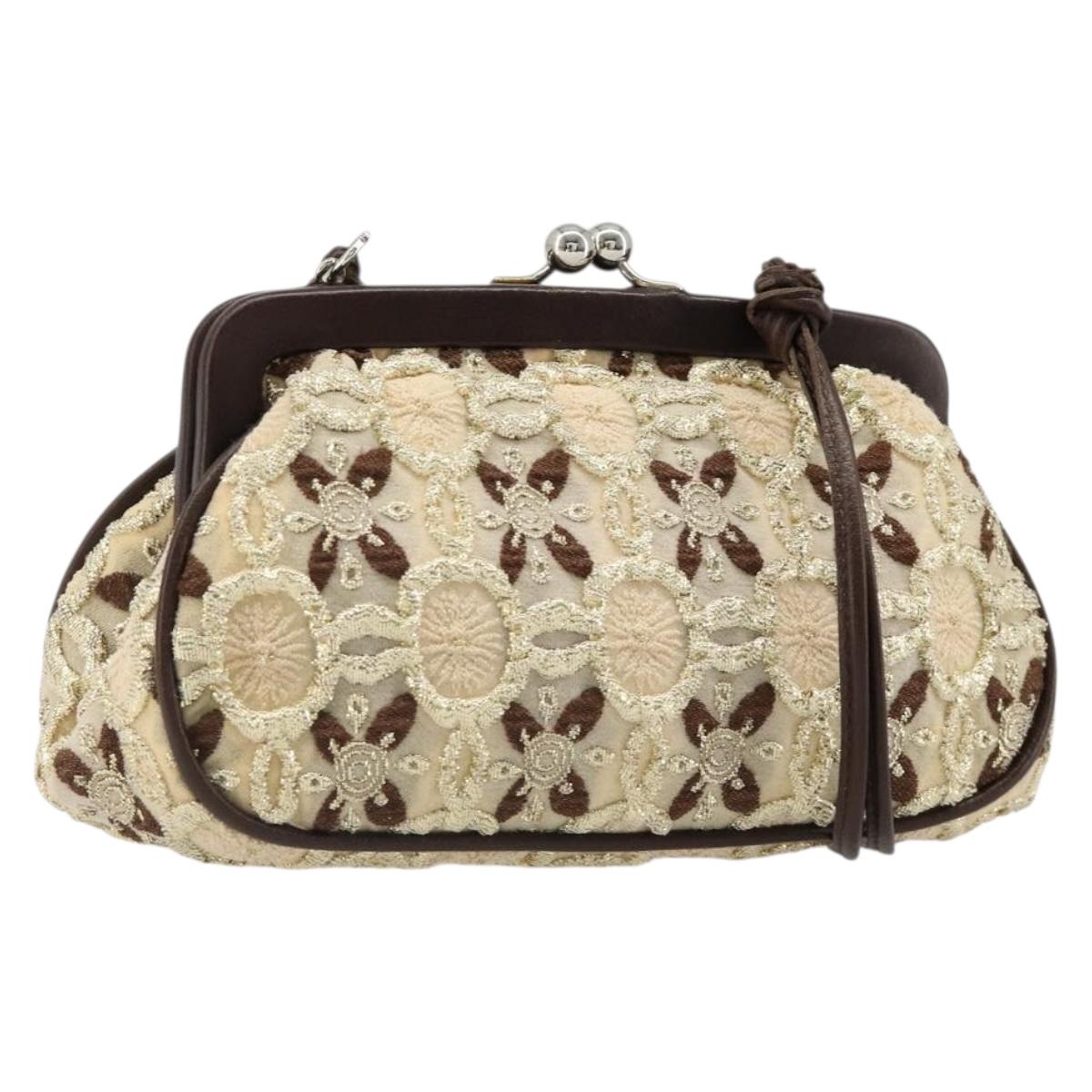 PRADA Coin Purse Shoulder Pouch Canvas Beige Silver Auth 185760SAV
