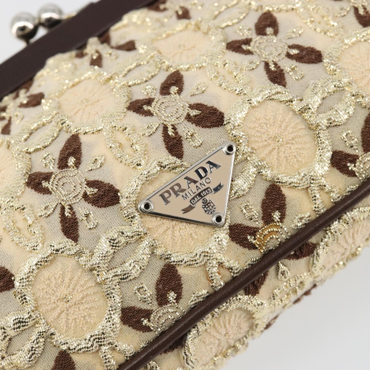 PRADA Coin Purse Shoulder Pouch Canvas Beige Silver Auth 185760SAV