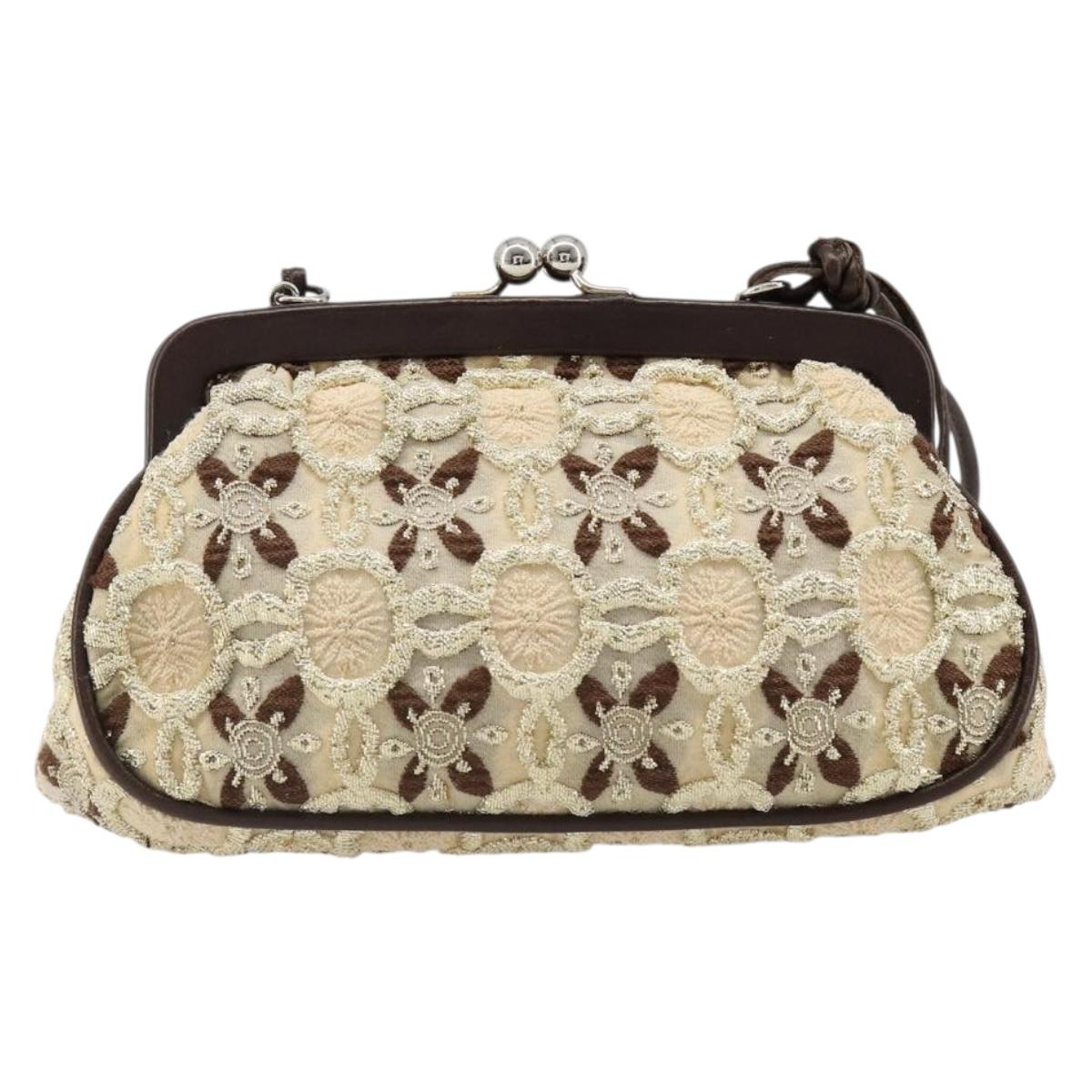 PRADA Coin Purse Shoulder Pouch Canvas Beige Silver Auth 185760SAV
