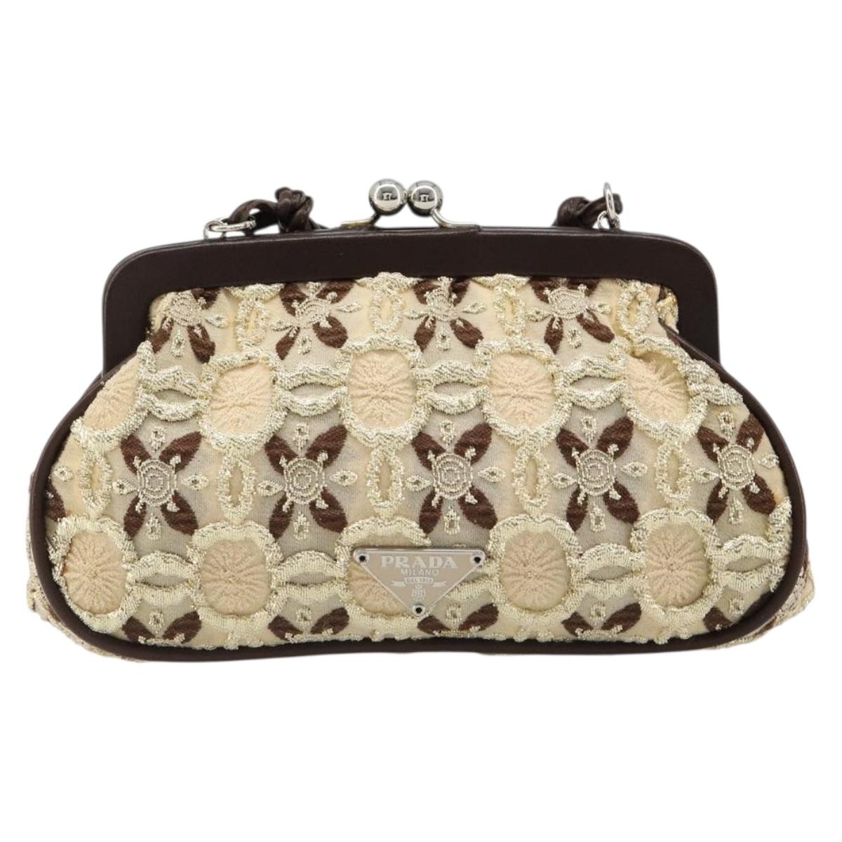 PRADA Coin Purse Shoulder Pouch Canvas Beige Silver Auth 185760SAV