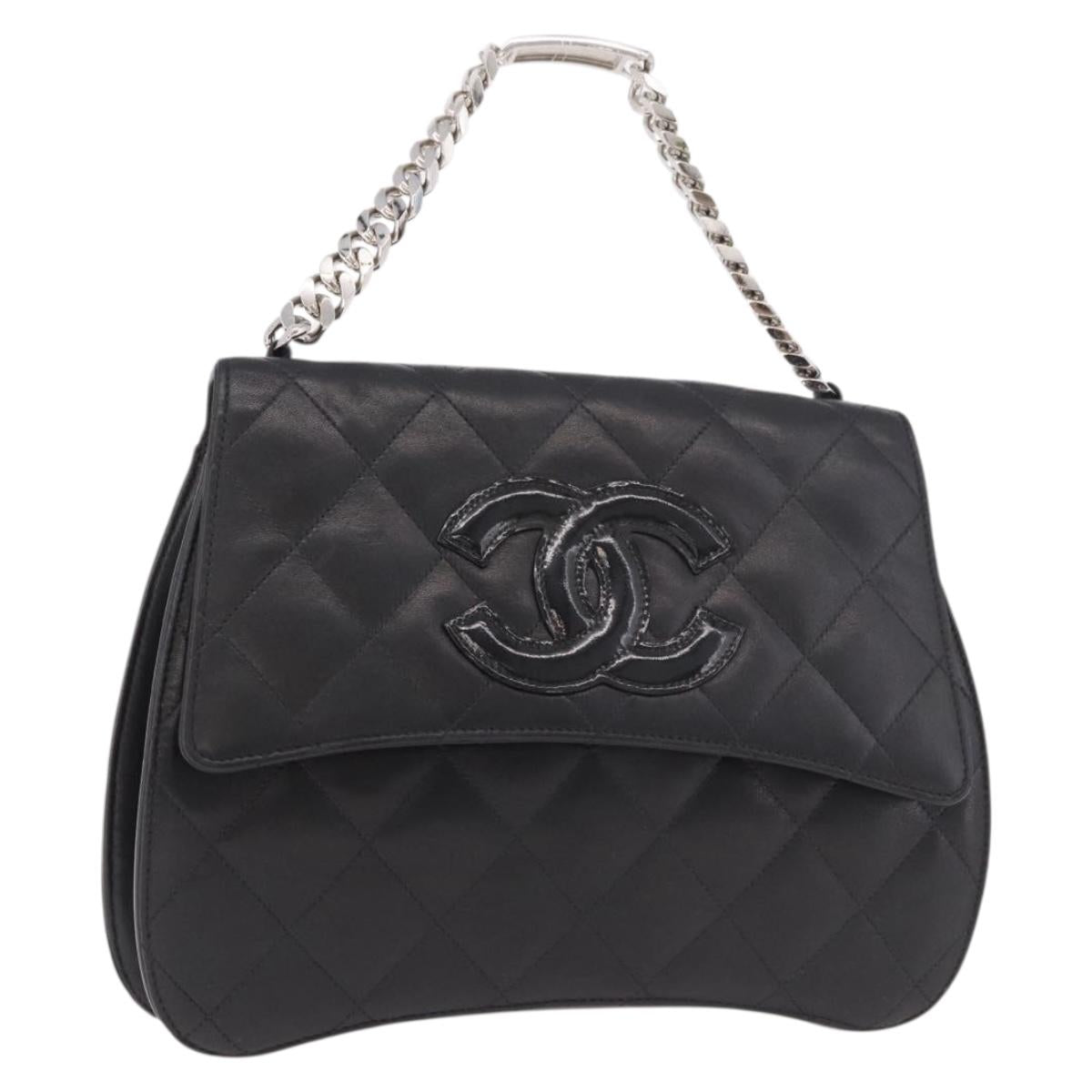 CHANEL Matelasse Chain Hand Bag Lamb Skin Black Silver CC Auth 185765
