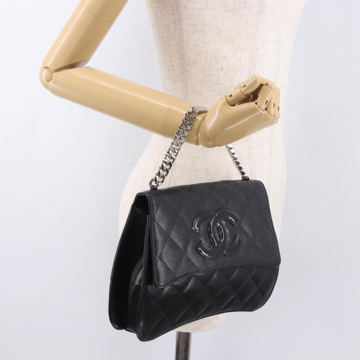 CHANEL Matelasse Chain Hand Bag Lamb Skin Black Silver CC Auth 185765
