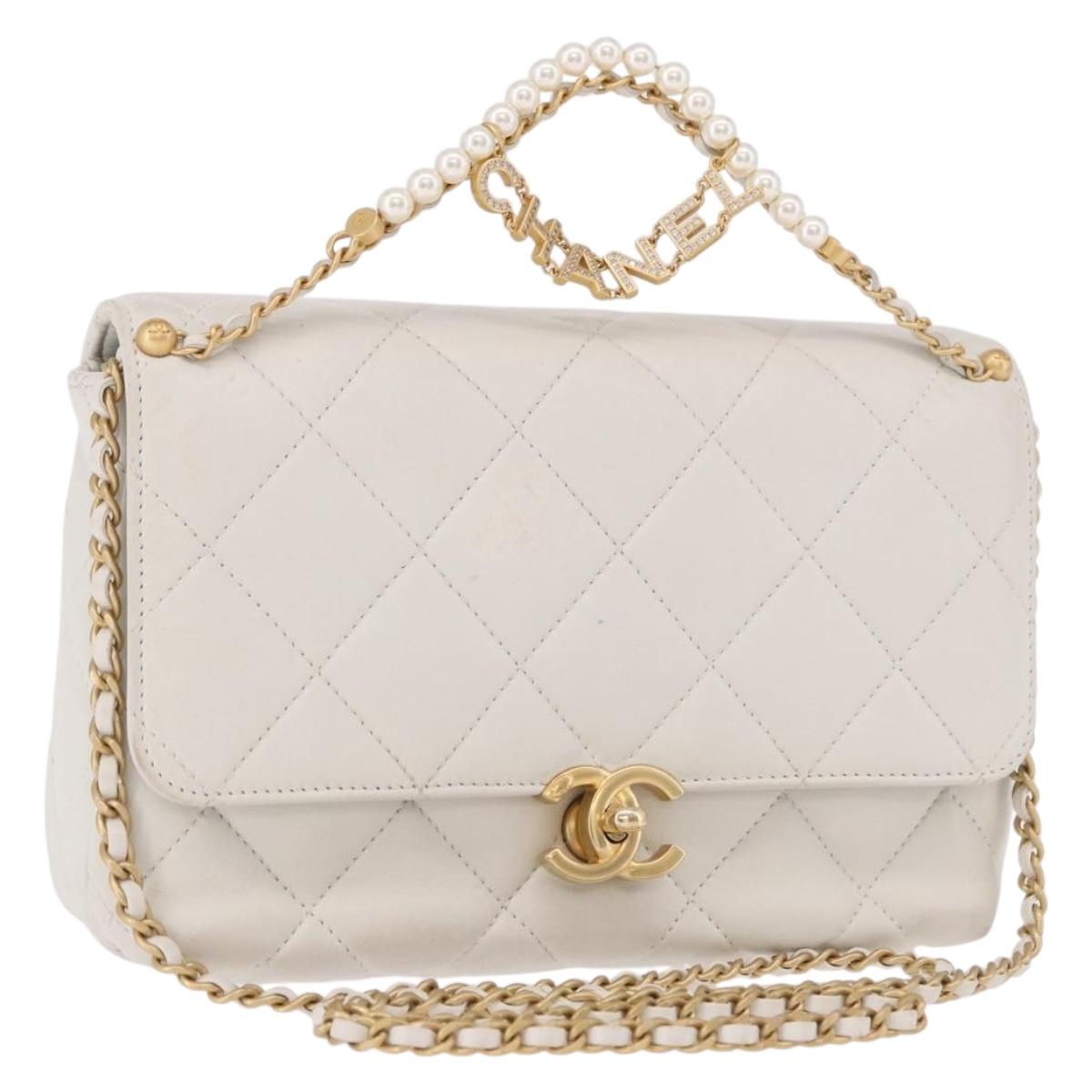 CHANEL Matelasse Chain Shoulder Bag Lamb Skin 2way White Gold CC Auth 185768SAM