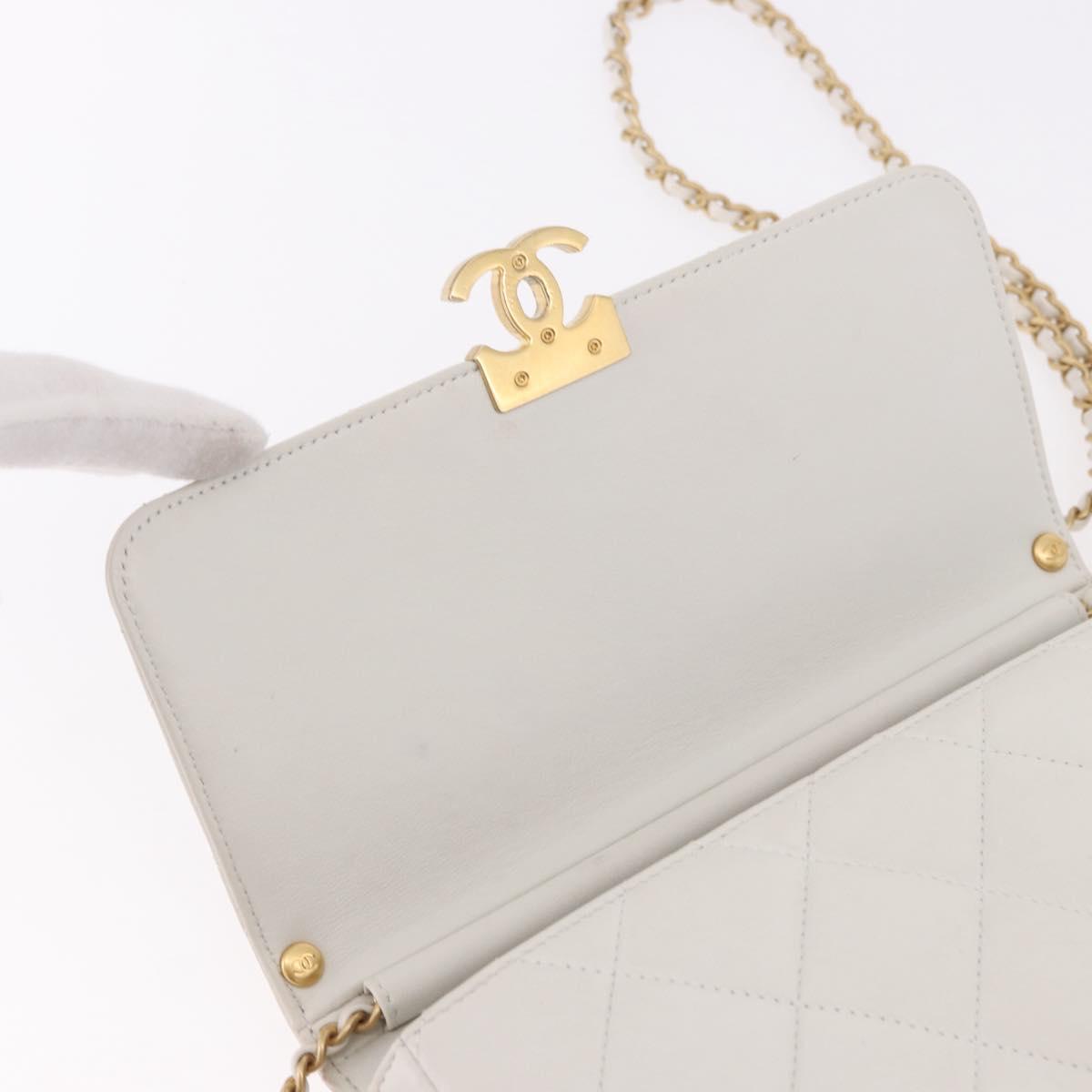 CHANEL Matelasse Chain Shoulder Bag Lamb Skin 2way White Gold CC Auth 185768SAM