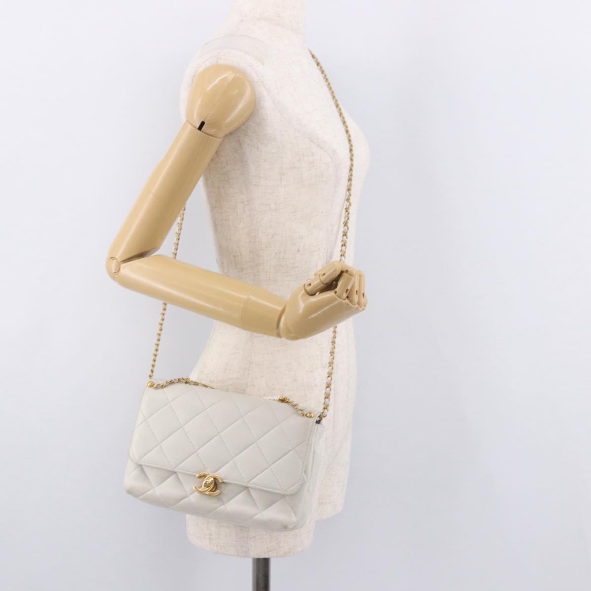 CHANEL Matelasse Chain Shoulder Bag Lamb Skin 2way White Gold CC Auth 185768SAM