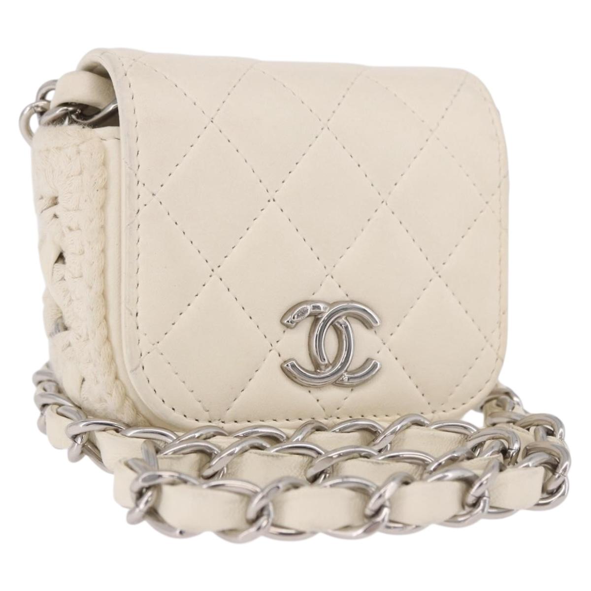 CHANEL Matelasse Chain Shoulder Bag Lamb Skin White Silver CC Auth 185770SAM