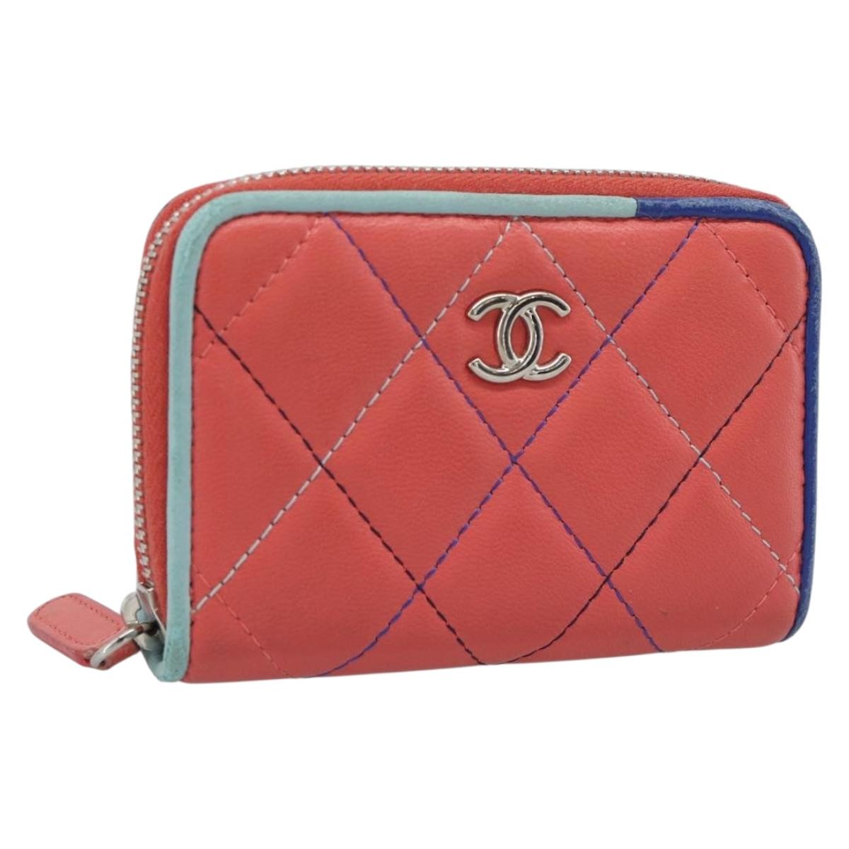 CHANEL Matelasse Coin Purse Lamb Skin Pink Silver CC Auth 185777A