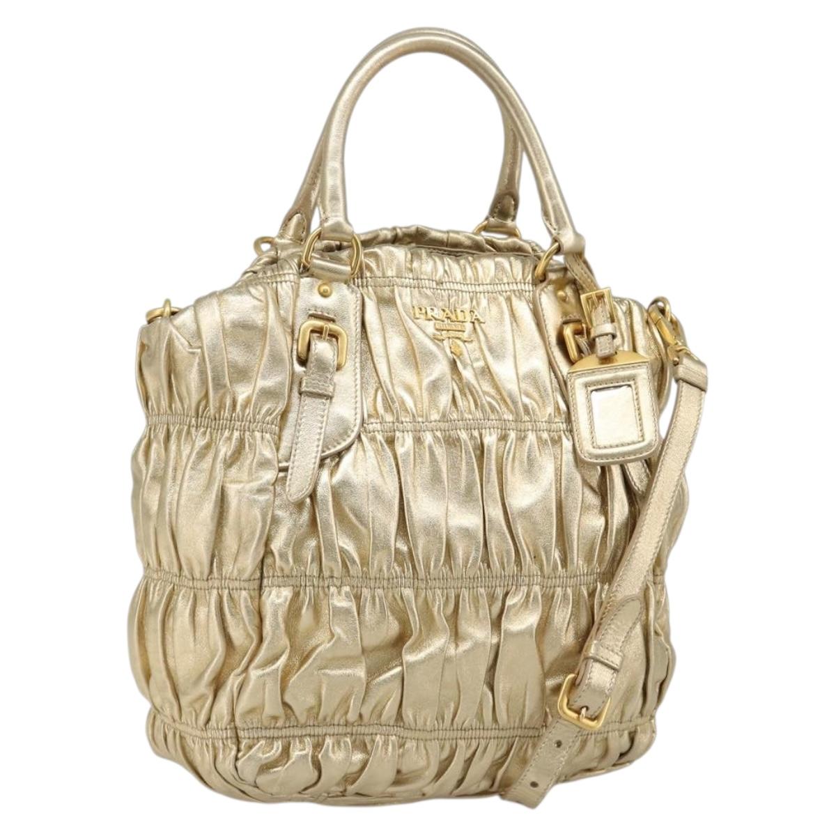PRADA Hand Bag Leather 2way Gold Tone Gold Auth 185803V