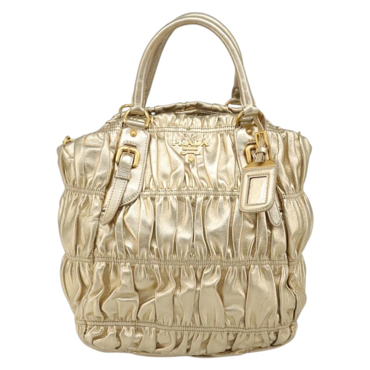 PRADA Hand Bag Leather 2way Gold Tone Gold Auth 185803V