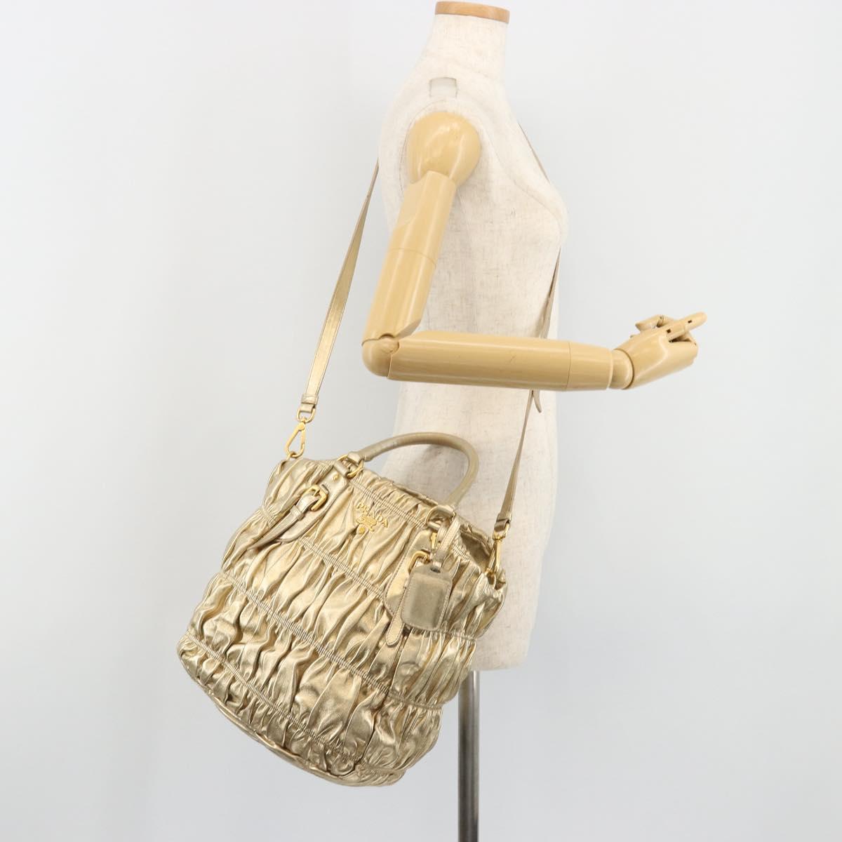 PRADA Hand Bag Leather 2way Gold Tone Gold Auth 185803V