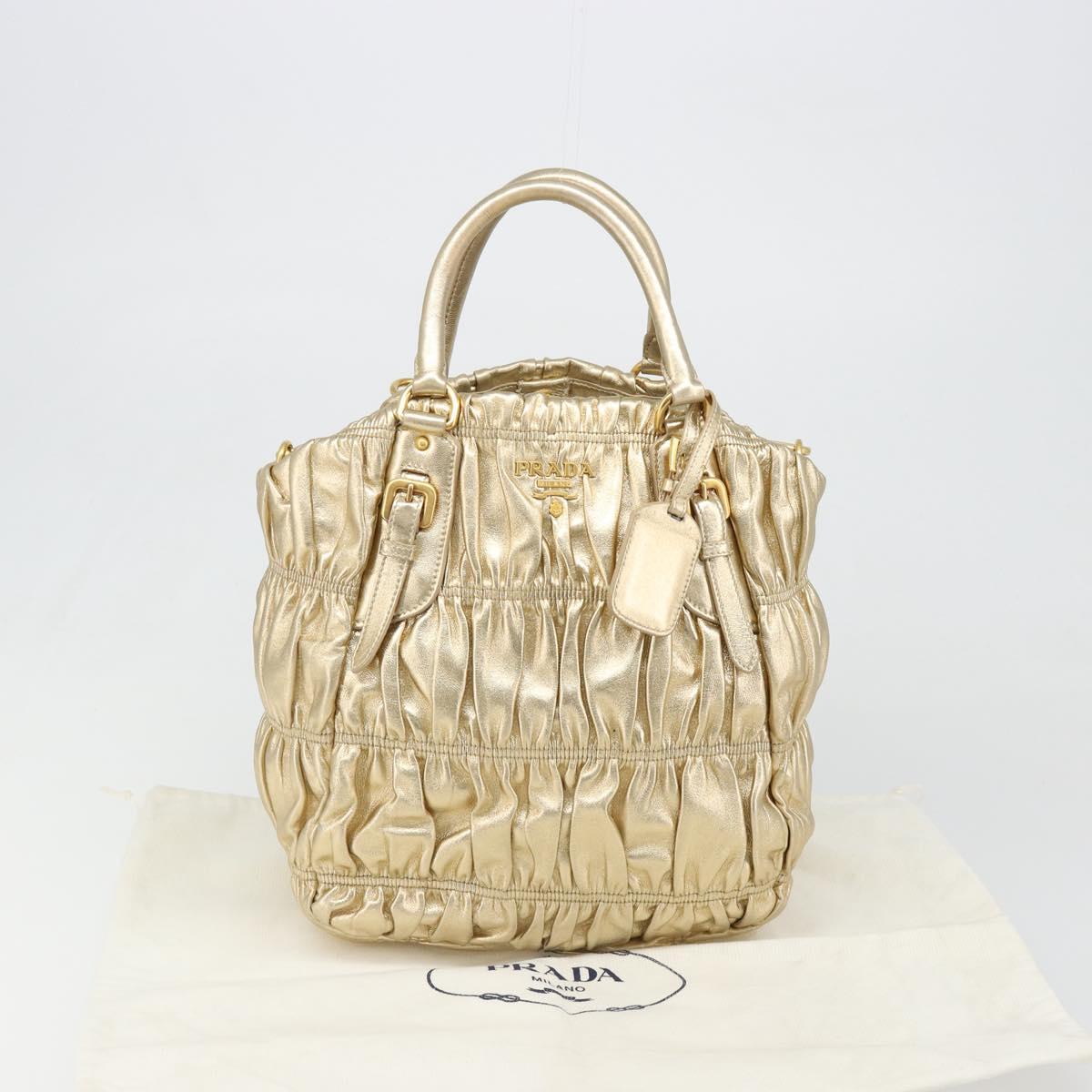 PRADA Hand Bag Leather 2way Gold Tone Gold Auth 185803V