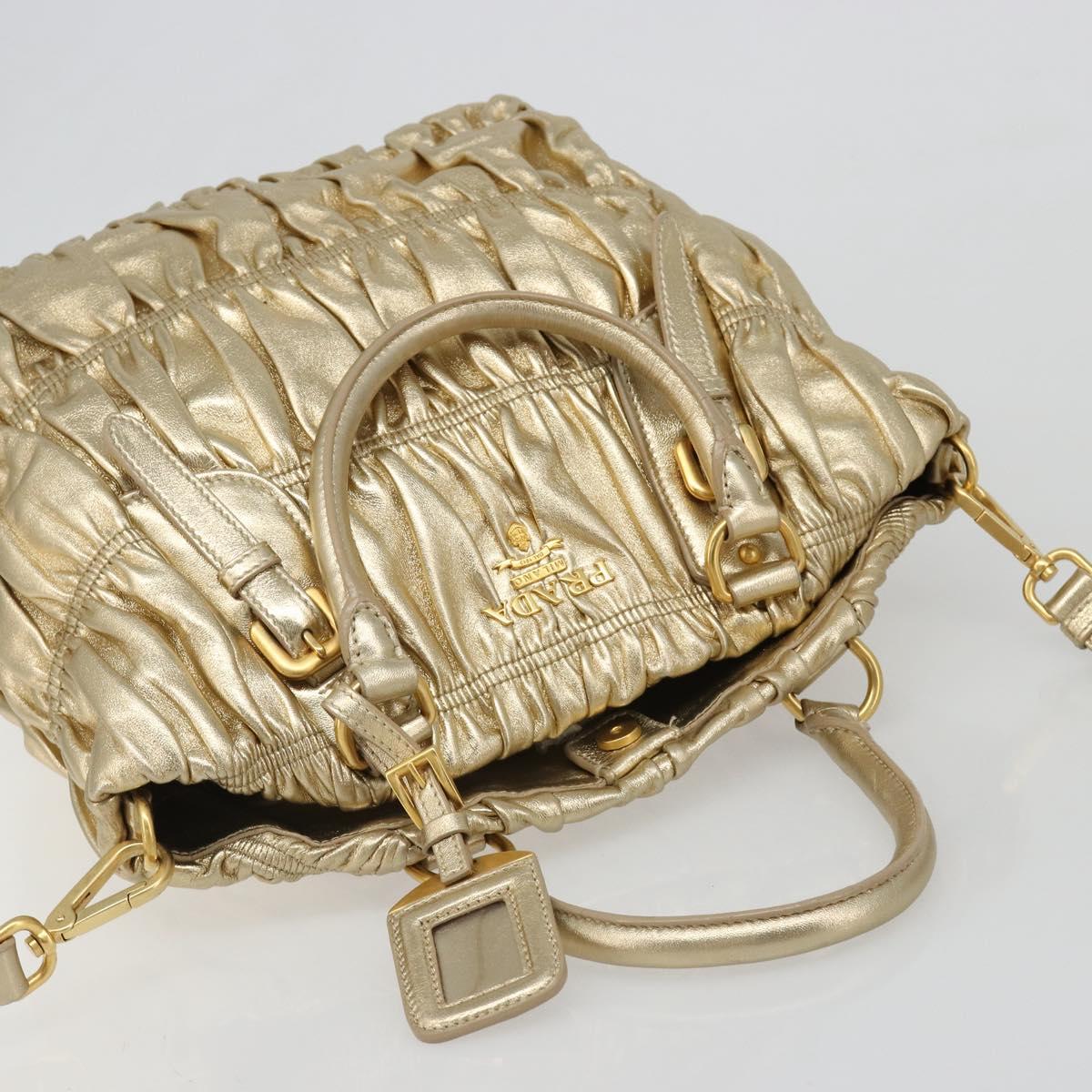 PRADA Hand Bag Leather 2way Gold Tone Gold Auth 185803V