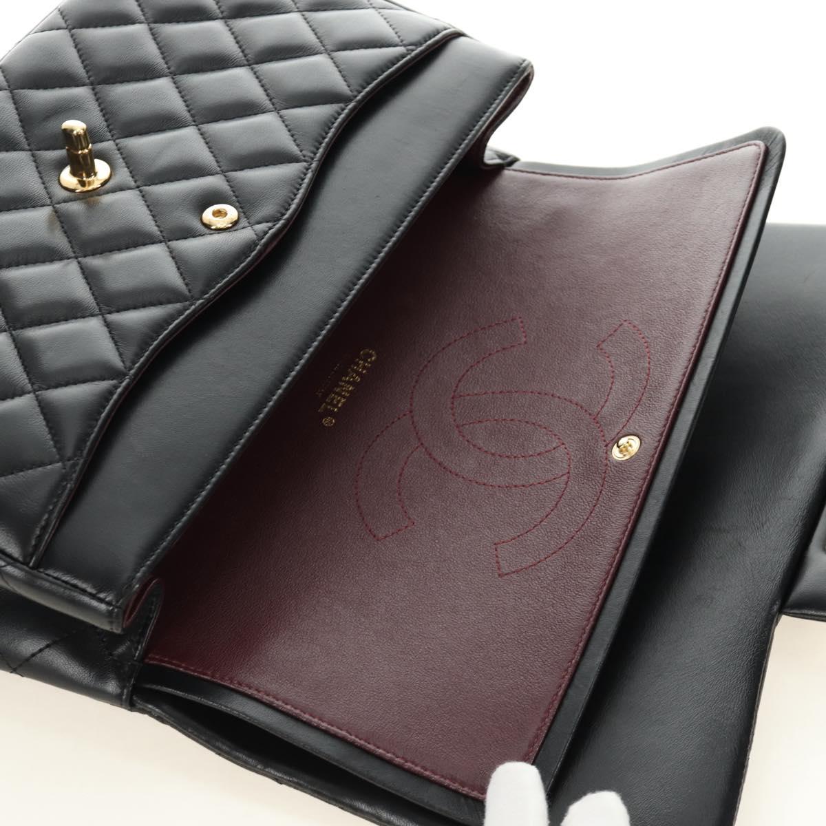 CHANEL Matelasse 30 Chain Double Flap Bag Lamb Skin Gold Black CC Auth 185808SM