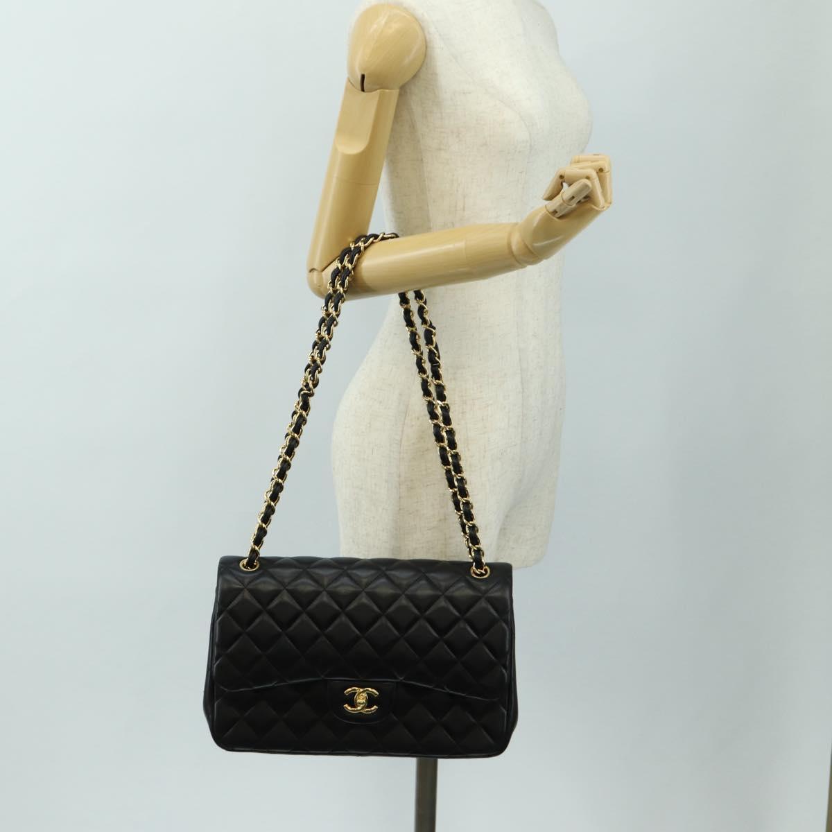 CHANEL Matelasse 30 Chain Double Flap Bag Lamb Skin Gold Black CC Auth 185808SM