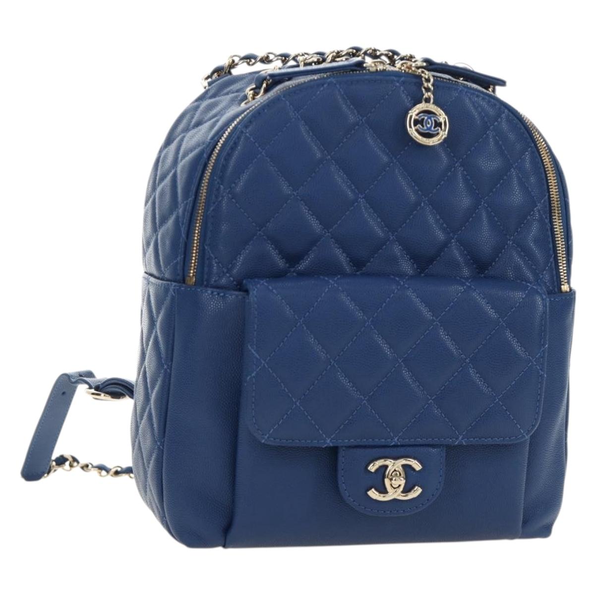 CHANEL Matelasse Chain Backpack Caviar Skin Blue Gold CC Auth 185816SM