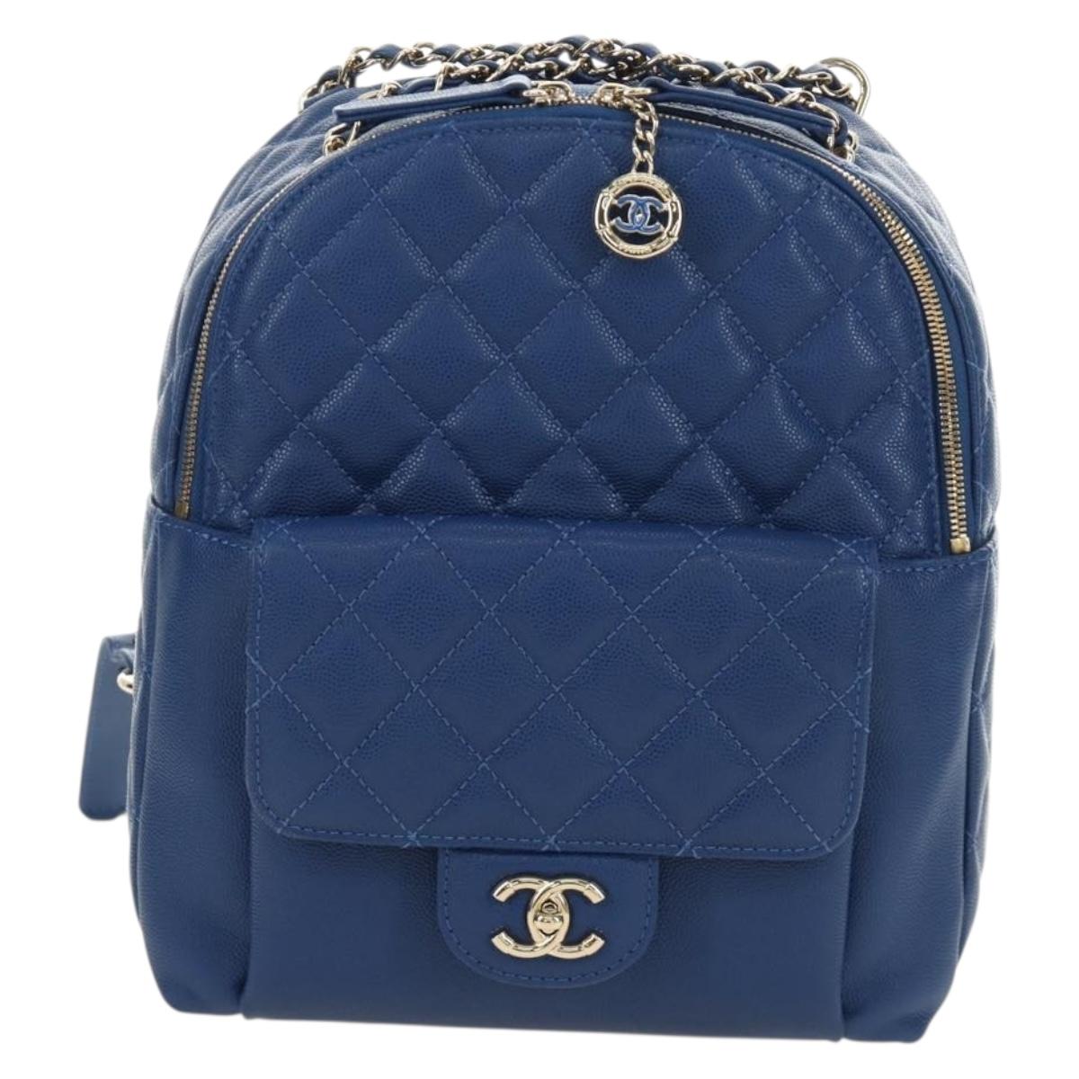 CHANEL Matelasse Chain Backpack Caviar Skin Blue Gold CC Auth 185816SM