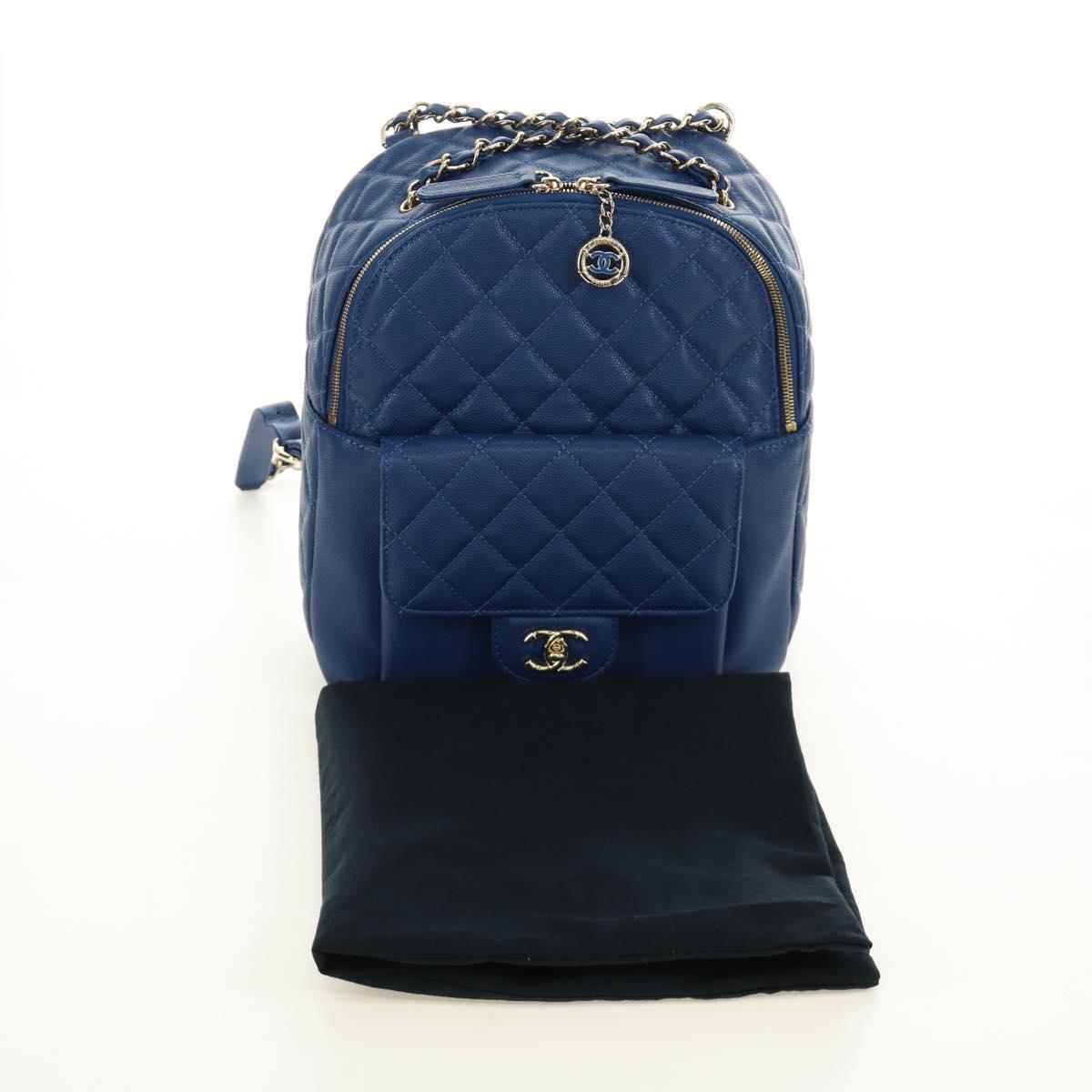 CHANEL Matelasse Chain Backpack Caviar Skin Blue Gold CC Auth 185816SM
