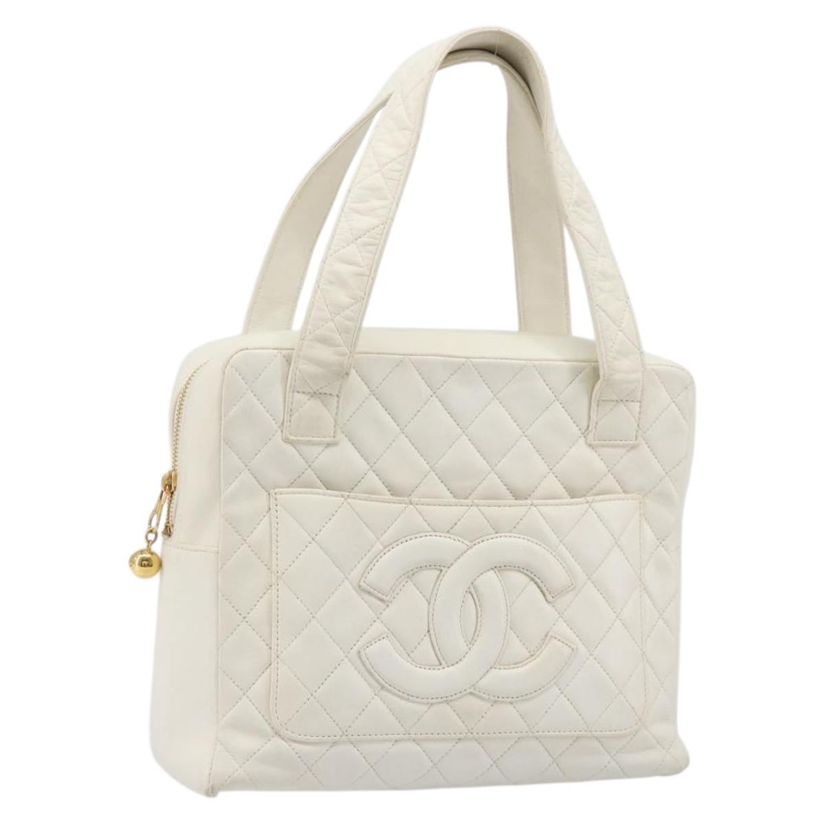 CHANEL Matelasse Hand Bag Canvas White Gold CC Auth 185821A