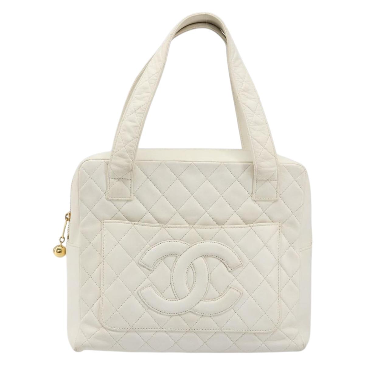 CHANEL Matelasse Hand Bag Canvas White Gold CC Auth 185821A