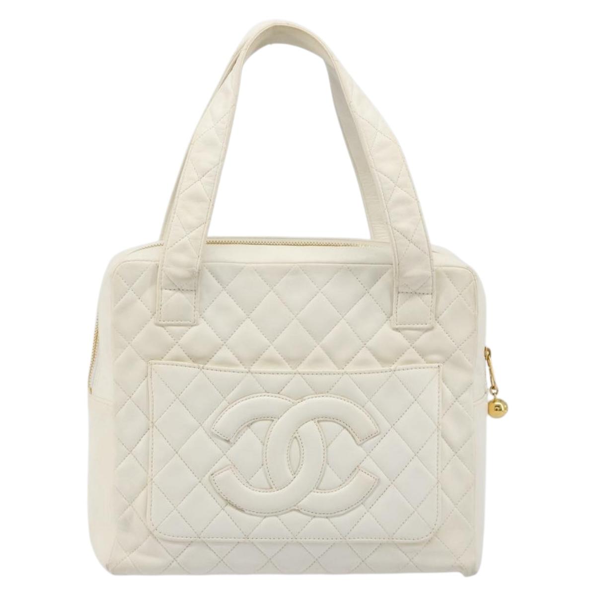 CHANEL Matelasse Hand Bag Canvas White Gold CC Auth 185821A