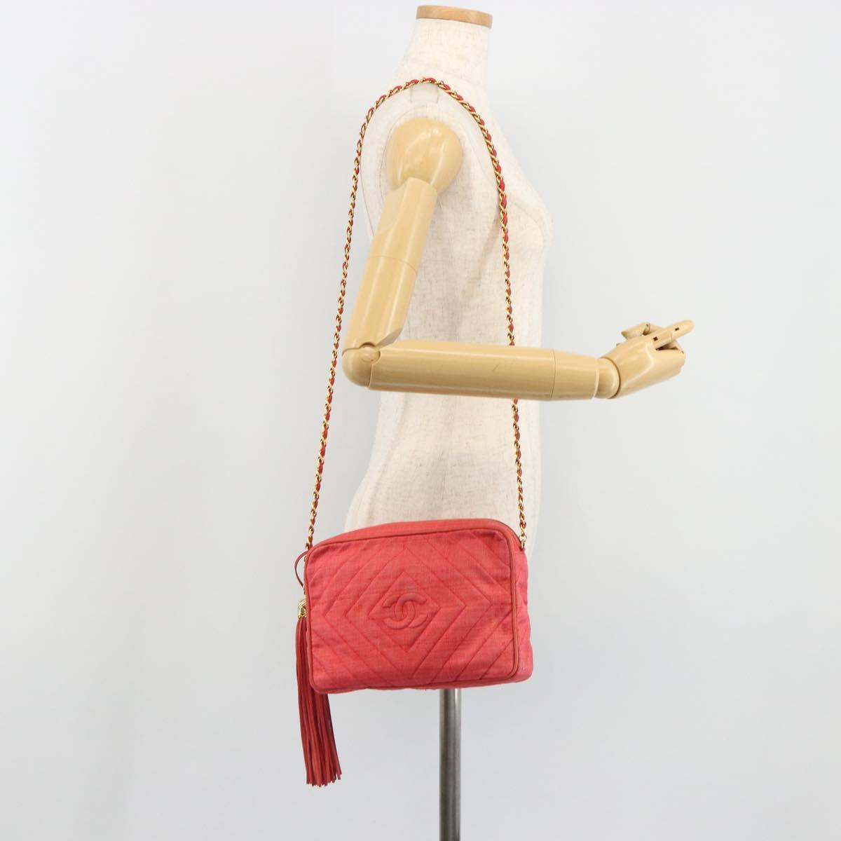 CHANEL Chain Shoulder Bag Canvas Red Gold CC Auth 185838A