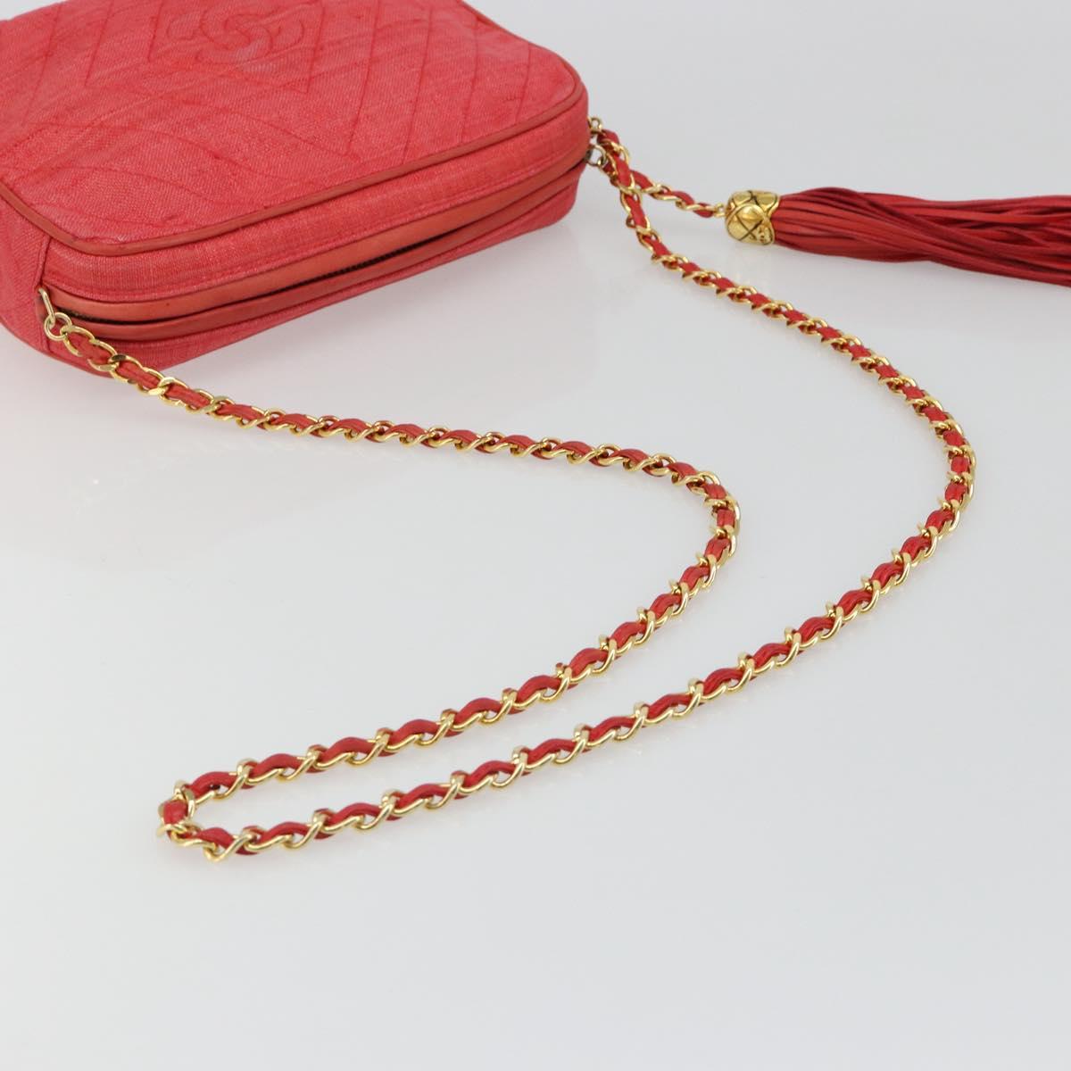 CHANEL Chain Shoulder Bag Canvas Red Gold CC Auth 185838A