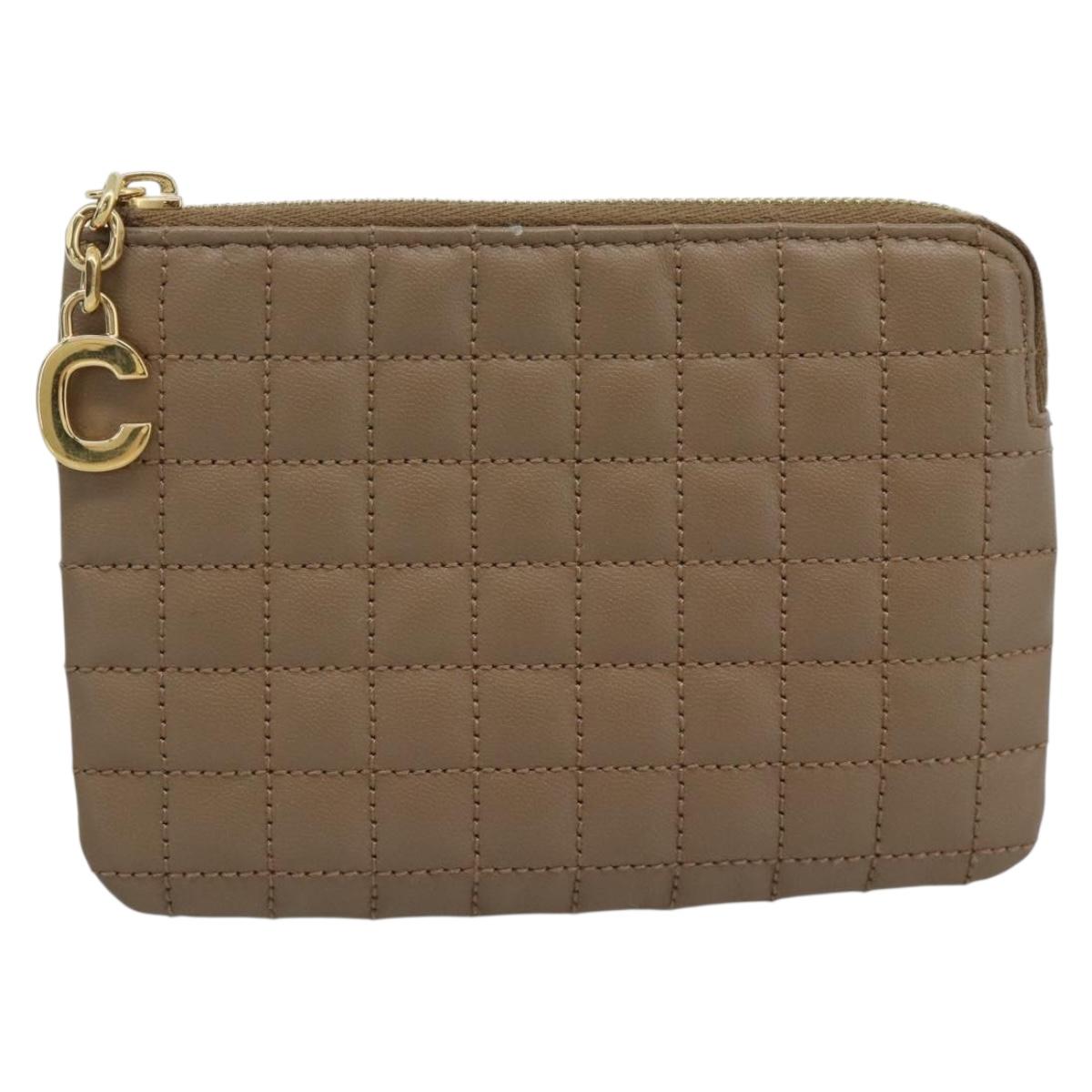 CELINE Coin Purse Leather Beige Gold Auth 185853V