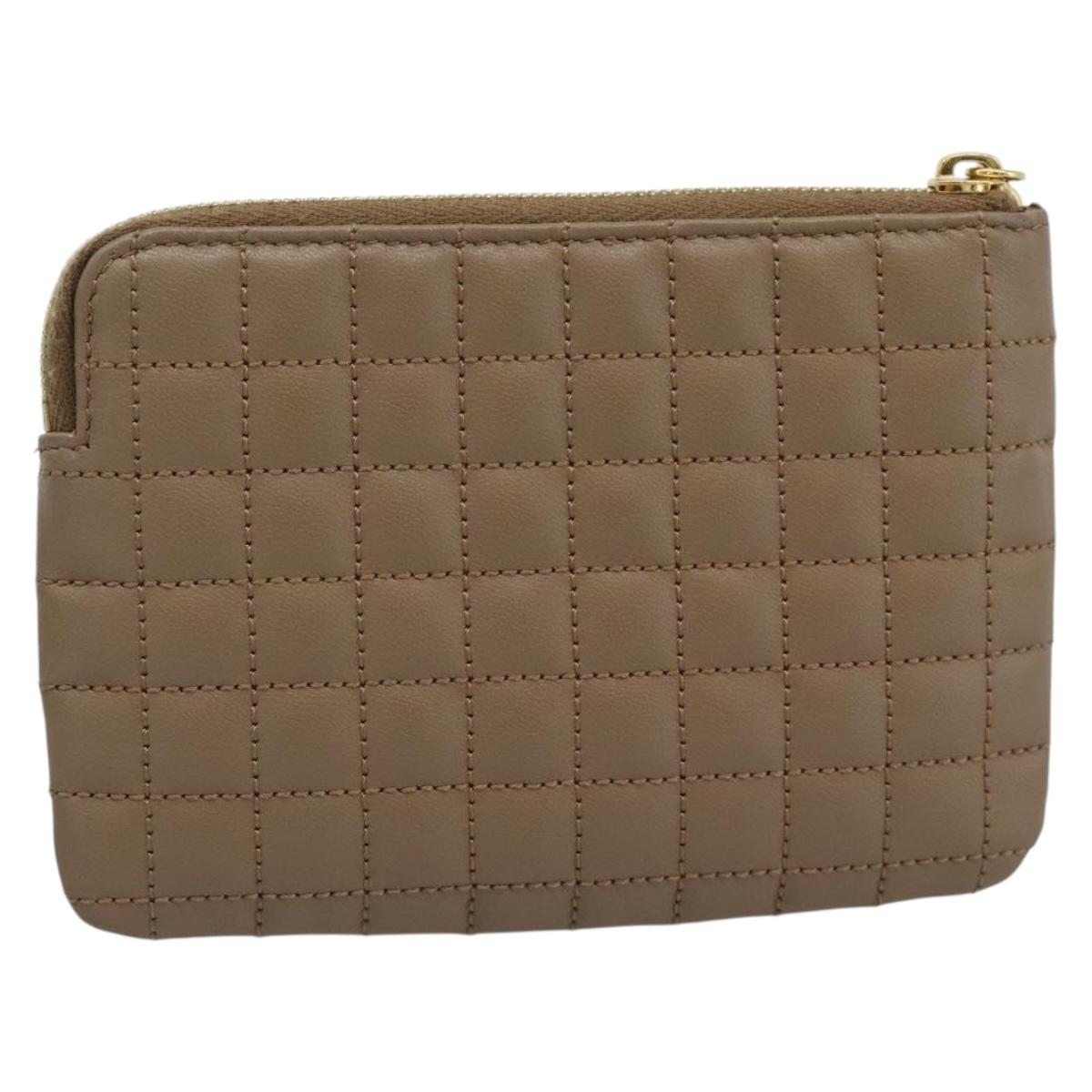 CELINE Coin Purse Leather Beige Gold Auth 185853V