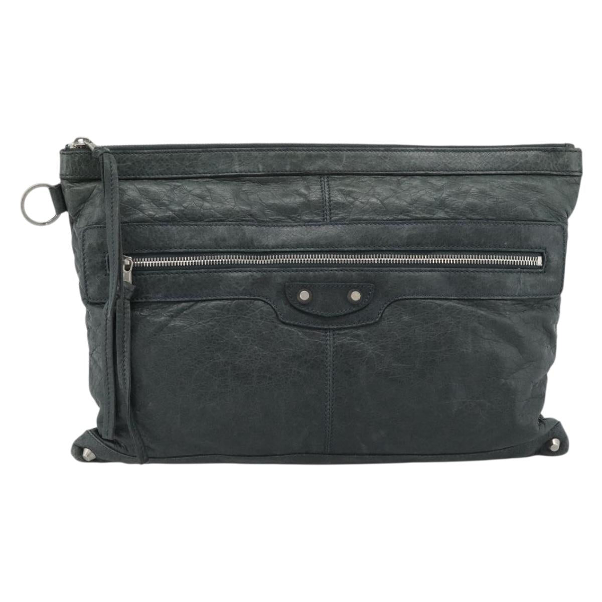 BALENCIAGA Classic Clip Clutch Bag Leather Khaki Silver Auth 185859
