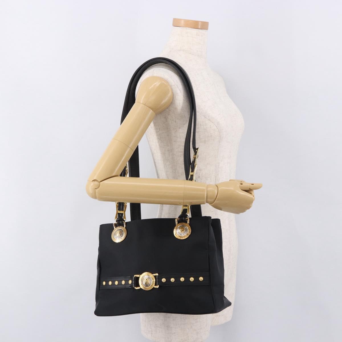 VERSACE Shoulder Bag Nylon Black Gold Auth 185860
