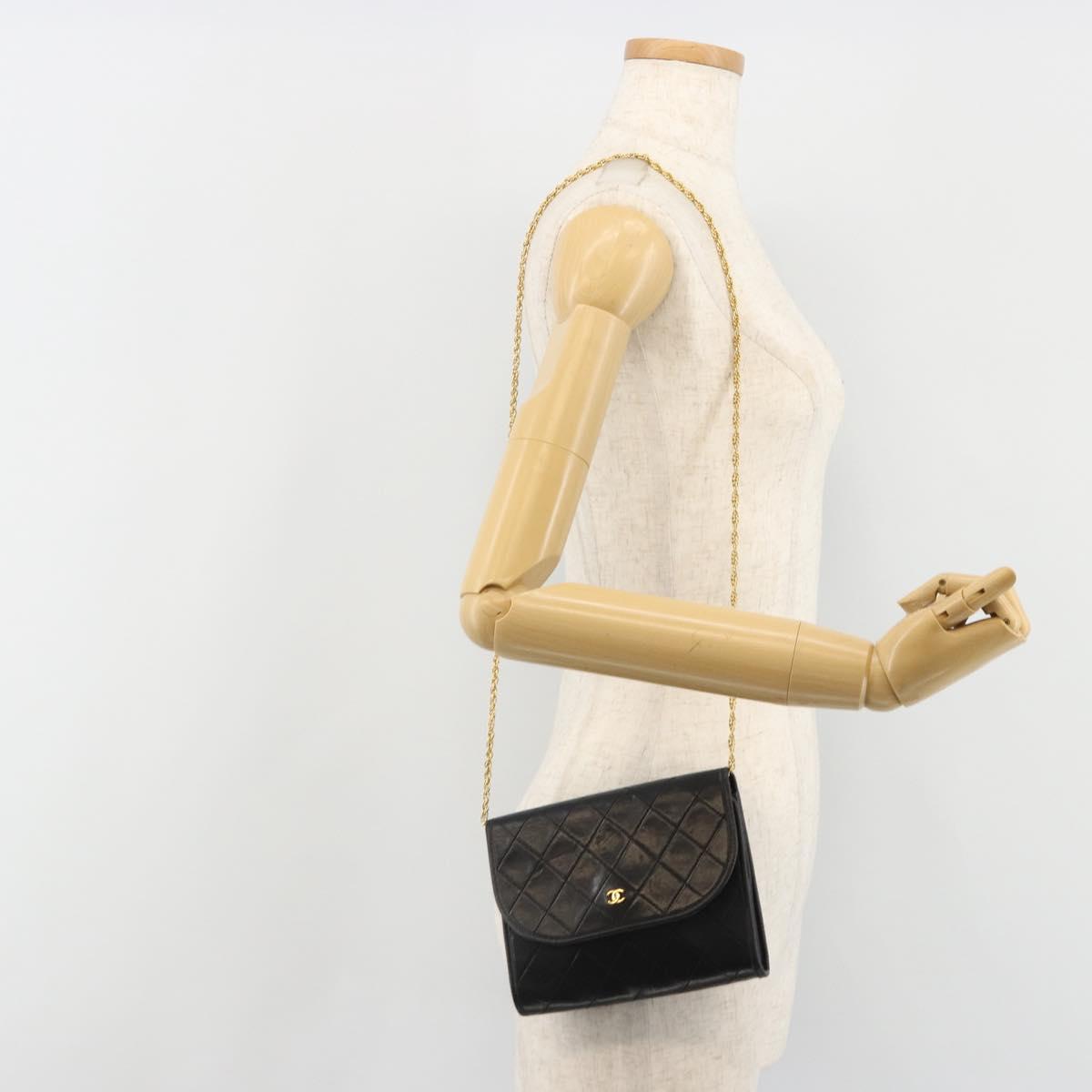CHANEL Matelasse Chain Shoulder Bag Lamb Skin Gold Black CC Auth 185863A