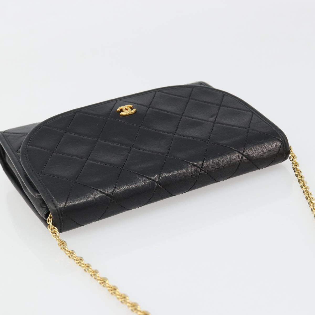 CHANEL Matelasse Chain Shoulder Bag Lamb Skin Gold Black CC Auth 185863A