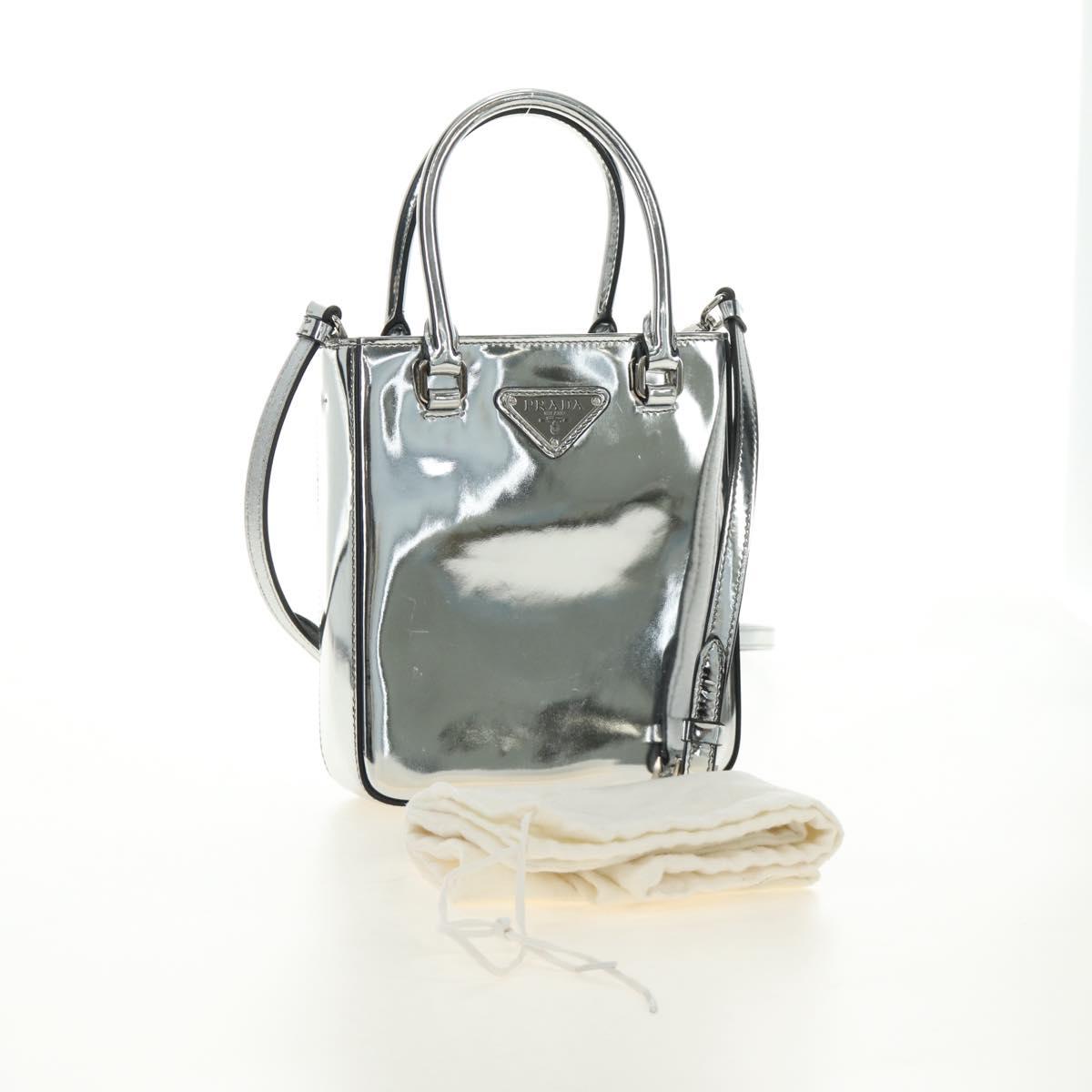 PRADA Hand Bag Patent Leather 2way Silver Auth 185901M