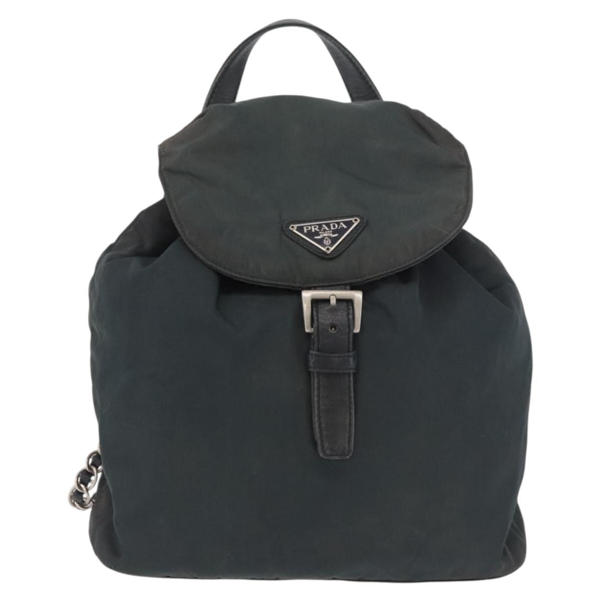 PRADA Chain Shoulder Backpack Nylon Green Silver Auth 185902A