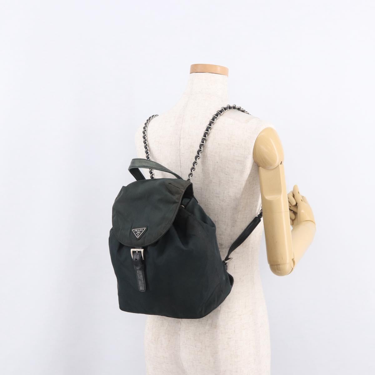 PRADA Chain Shoulder Backpack Nylon Green Silver Auth 185902A