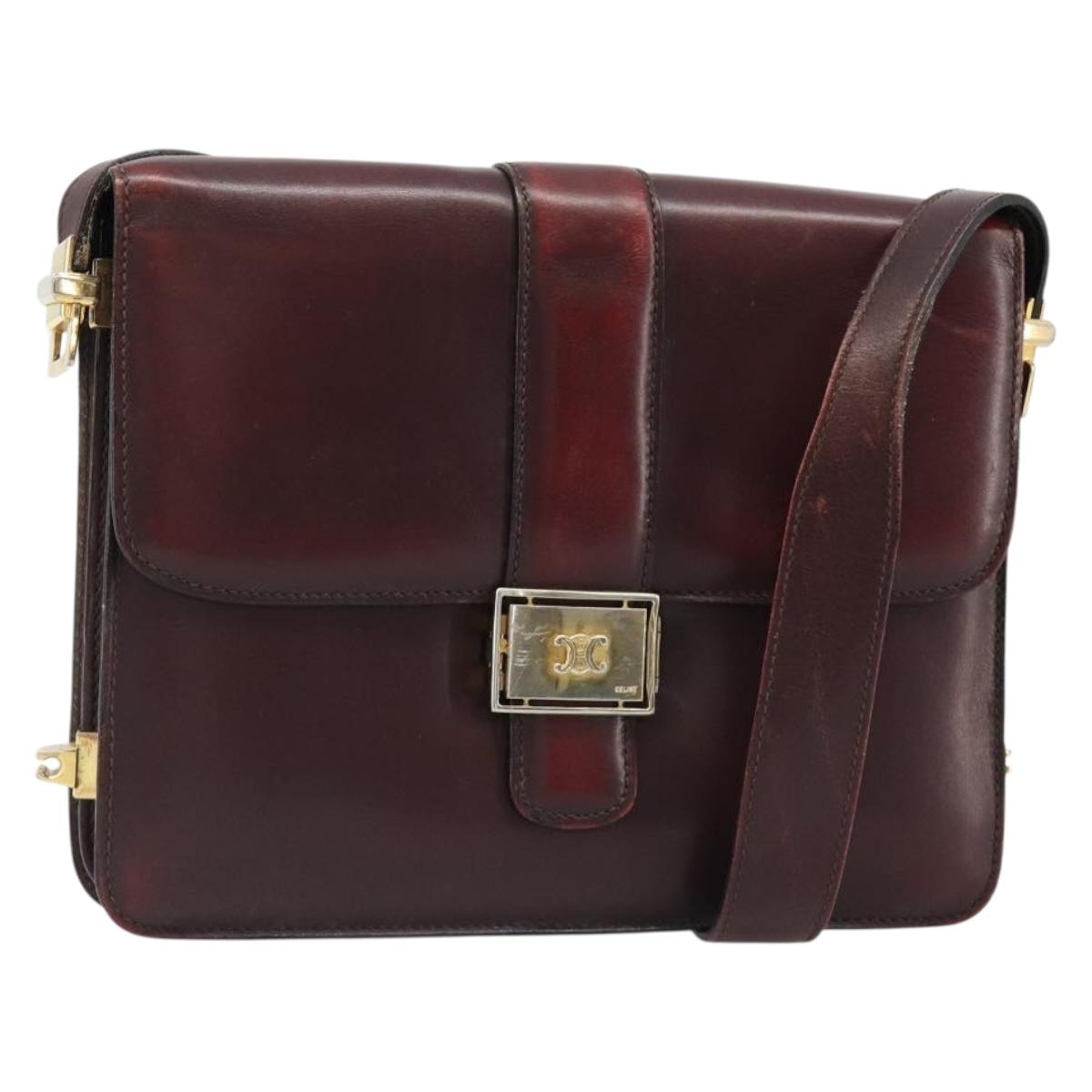 CELINE Shoulder Bag Leather Bordeaux Gold Auth 185909A