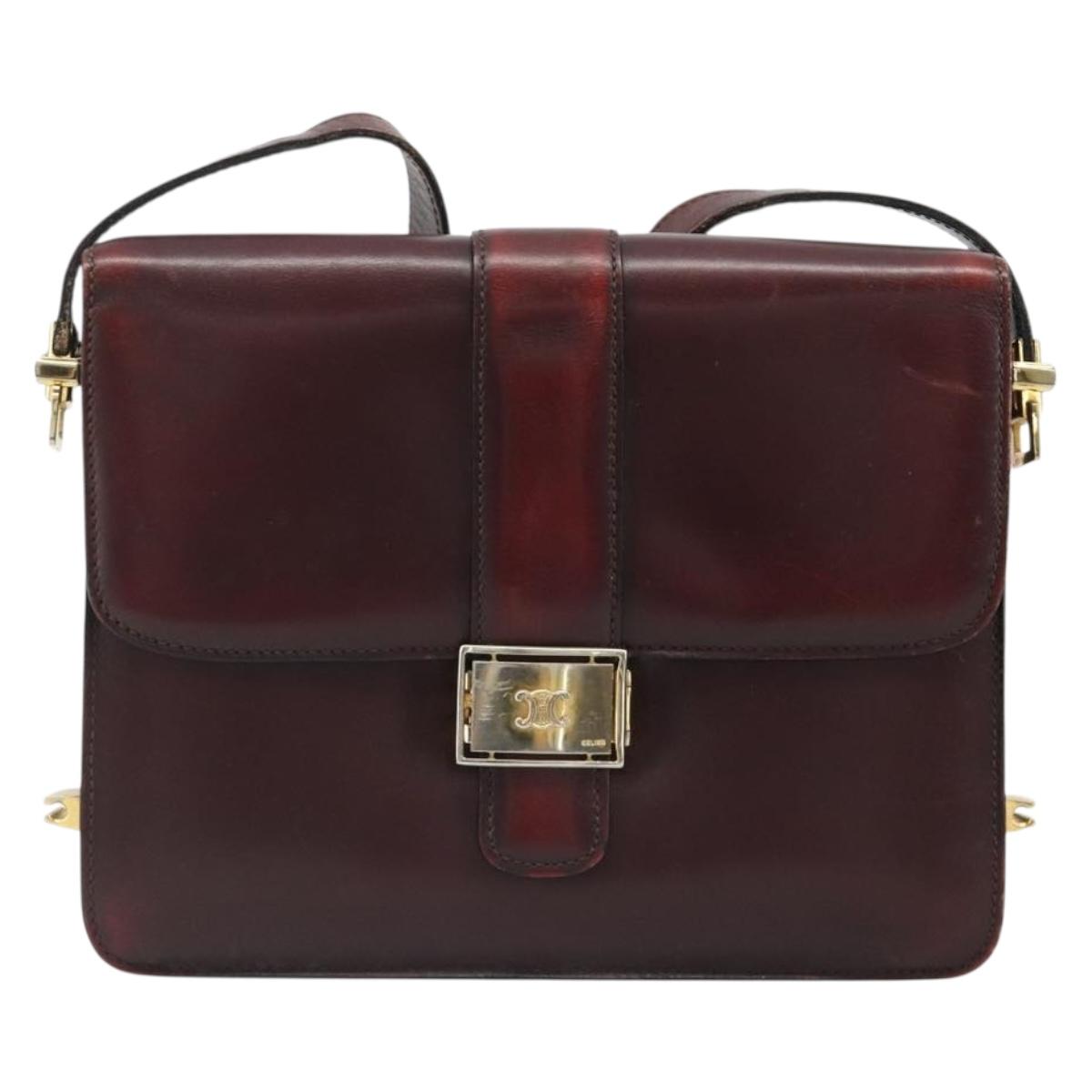 CELINE Shoulder Bag Leather Bordeaux Gold Auth 185909A