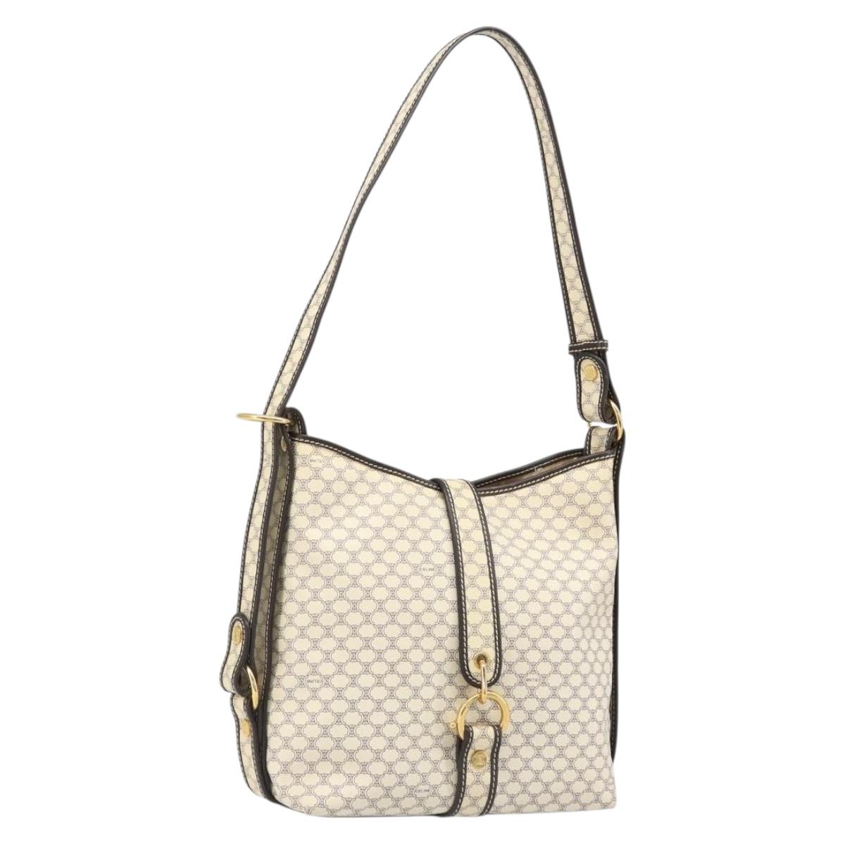 CELINE Macadam Canvas Shoulder Bag PVC Leather Ivory Gold Auth 185917A