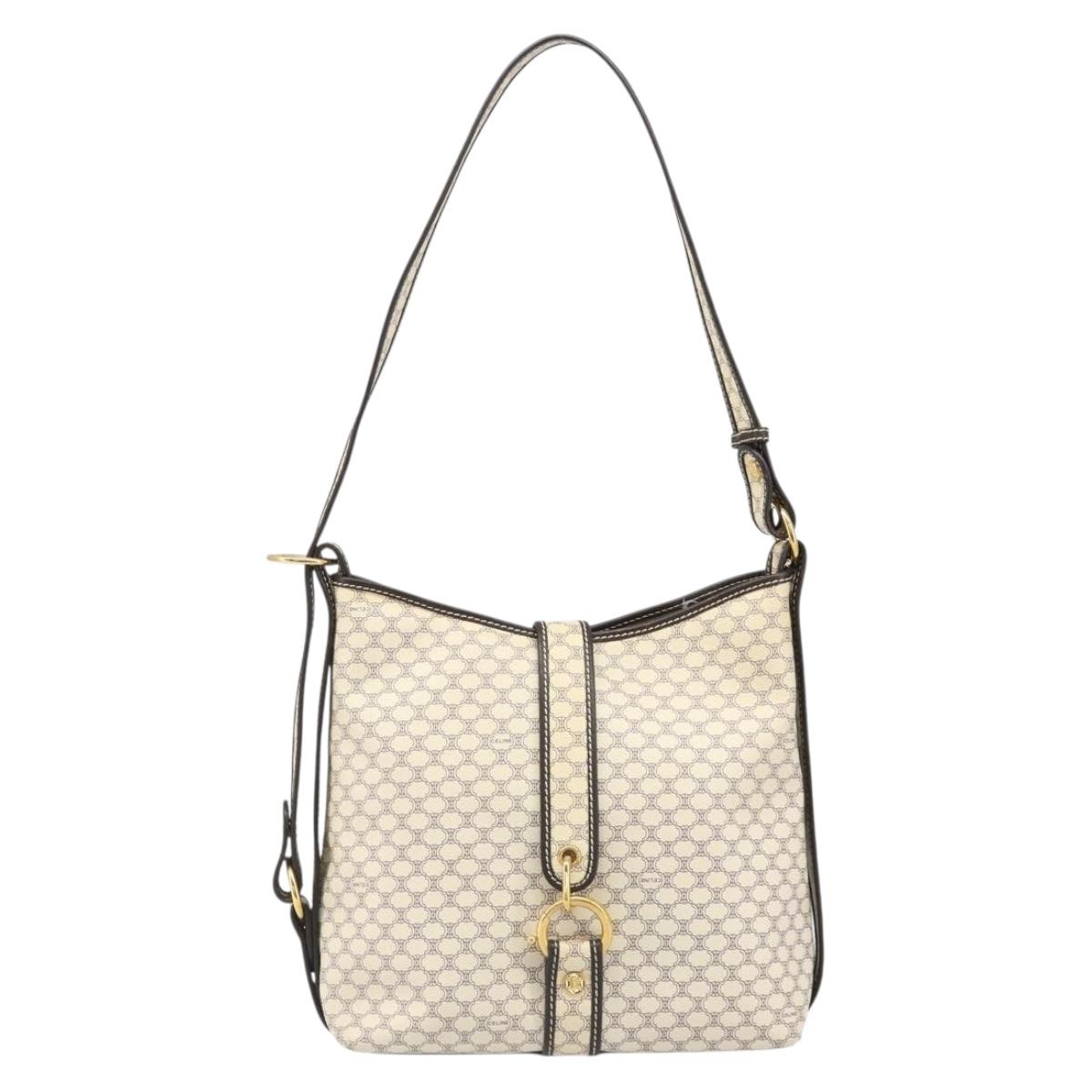 CELINE Macadam Canvas Shoulder Bag PVC Leather Ivory Gold Auth 185917A