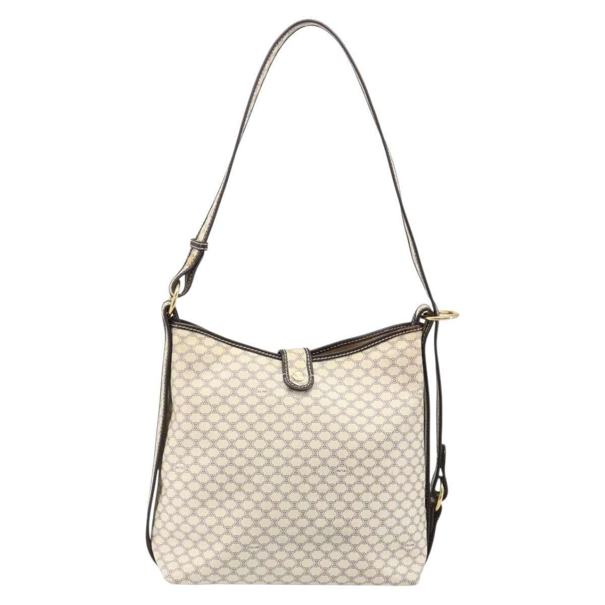 CELINE Macadam Canvas Shoulder Bag PVC Leather Ivory Gold Auth 185917A