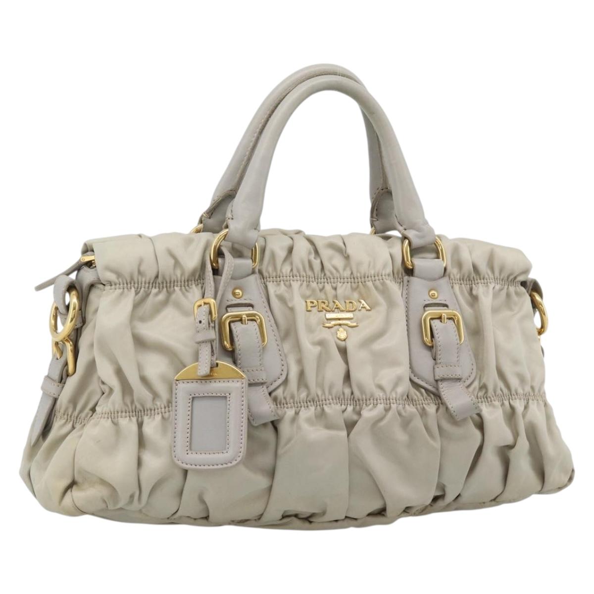 PRADA Gathered Hand Bag Nylon Beige Gold Auth 185921