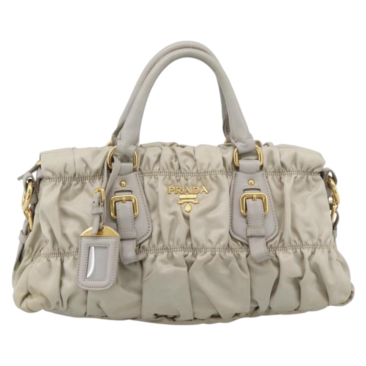 PRADA Gathered Hand Bag Nylon Beige Gold Auth 185921