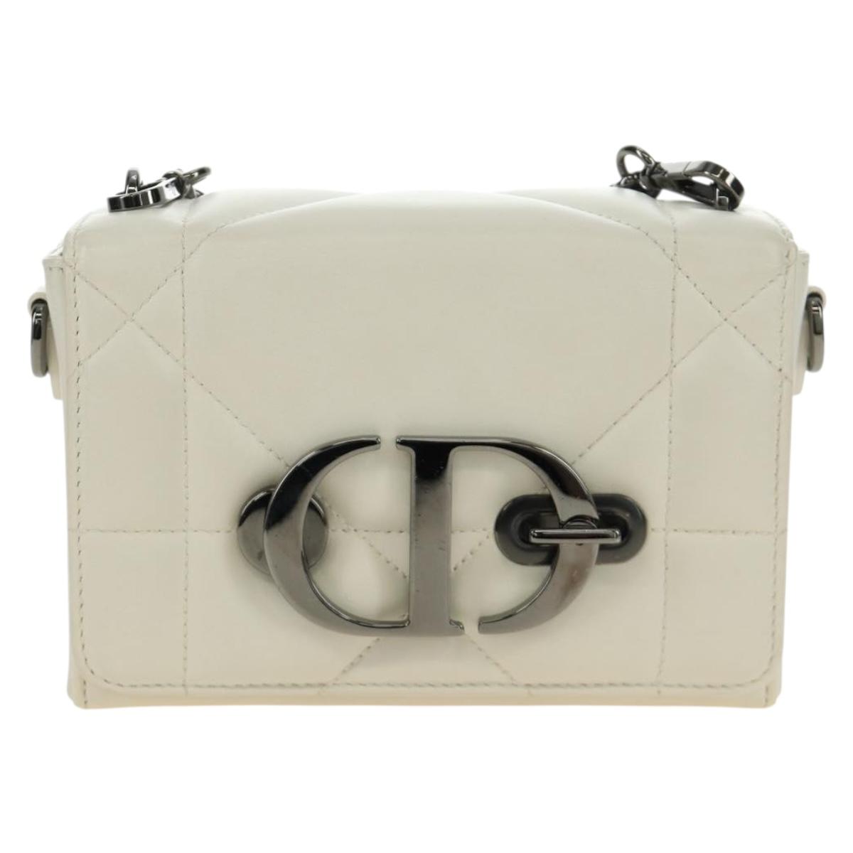 Christian Dior Canage Caro Shoulder Bag Lamb Skin White Silver Auth 185922SM