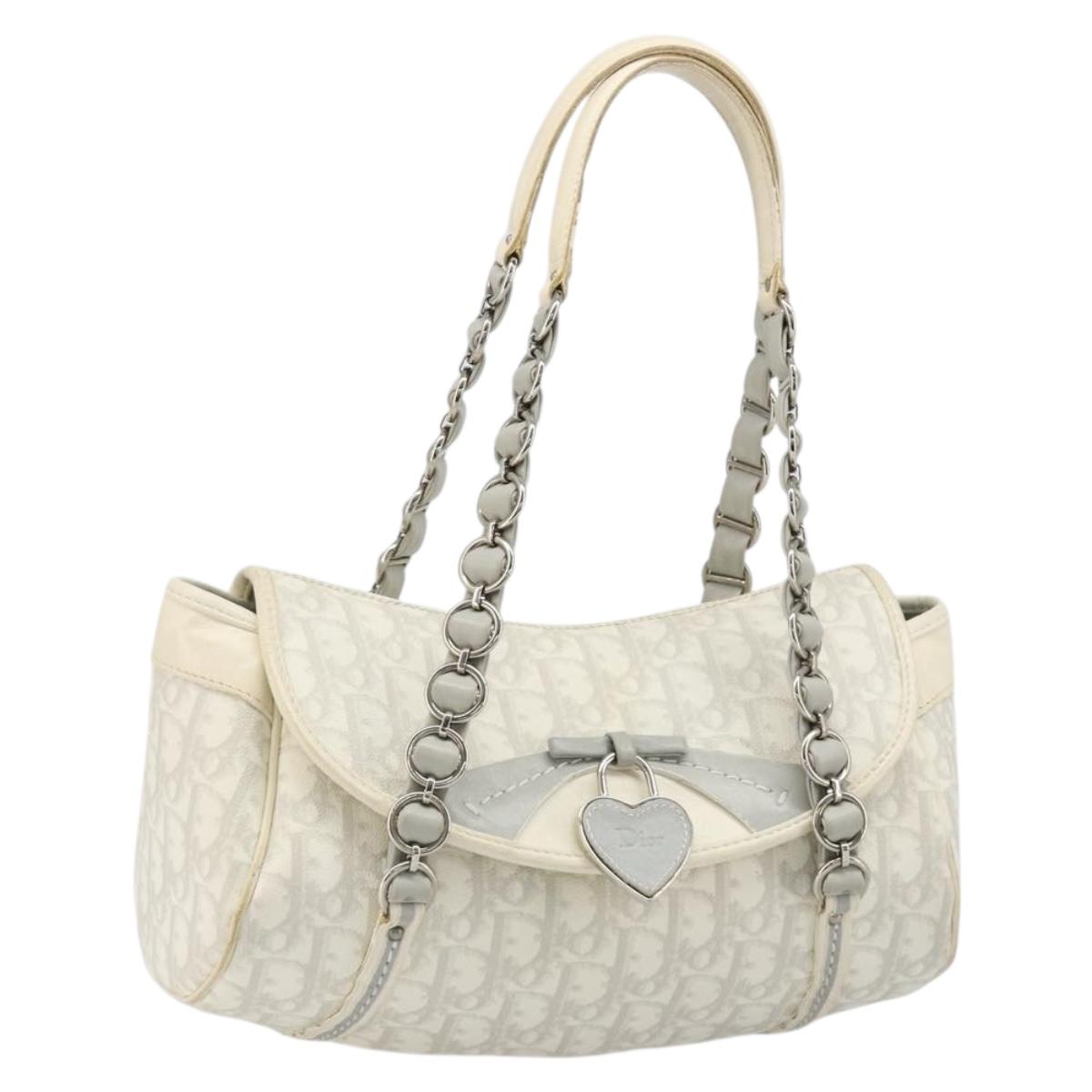 Christian Dior Trotter Canvas Romantic Hand Bag PVC White Silver Auth 185924A