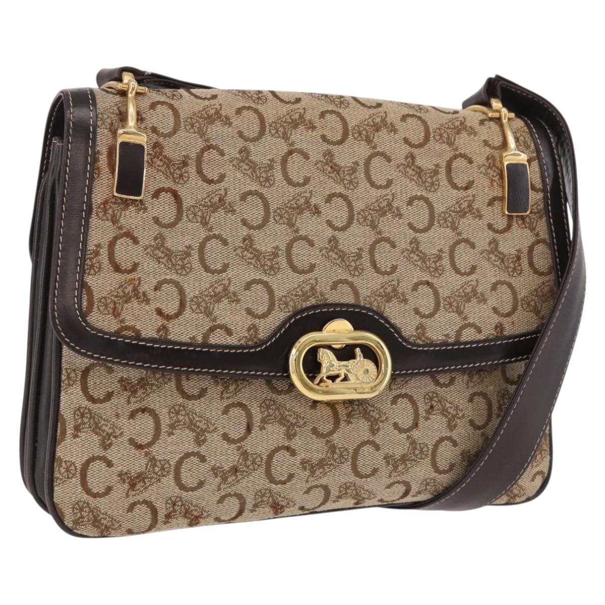 CELINE C Sulky Horse Carriage Shoulder Bag Canvas Beige Gold Auth 185927A
