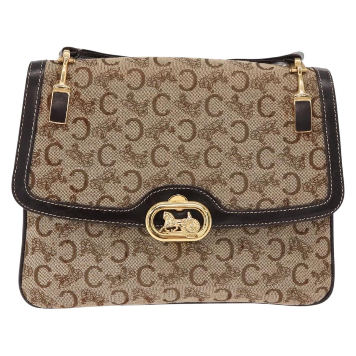 CELINE C Sulky Horse Carriage Shoulder Bag Canvas Beige Gold Auth 185927A