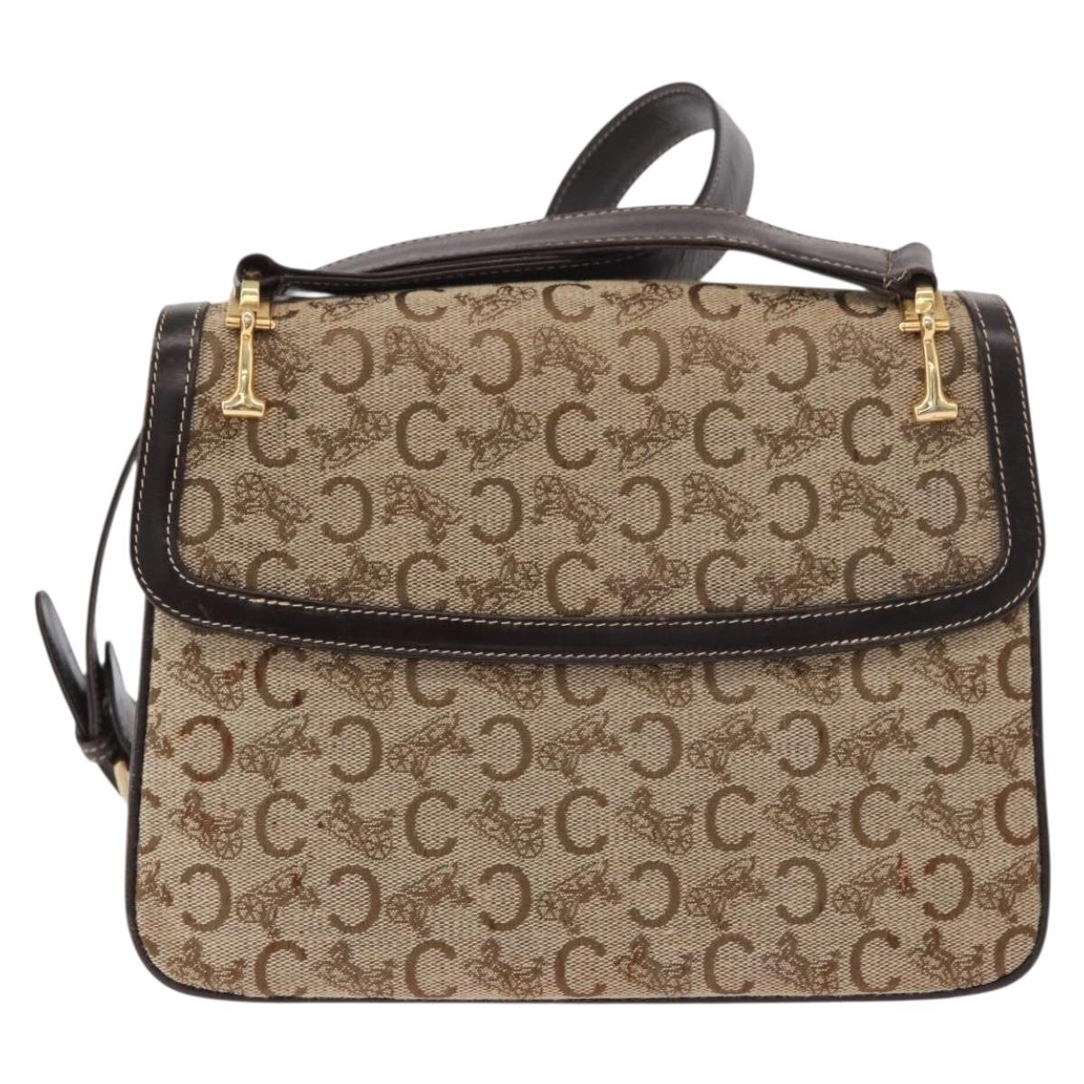 CELINE C Sulky Horse Carriage Shoulder Bag Canvas Beige Gold Auth 185927A