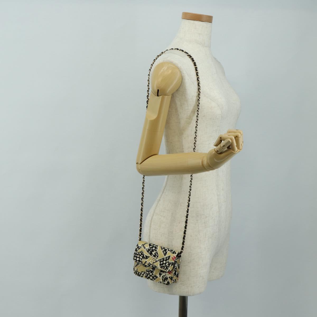 CHANEL ChainShoulderPouch Mini Matelasse 13 Bag Satin Beige Gold CC Auth 185928M